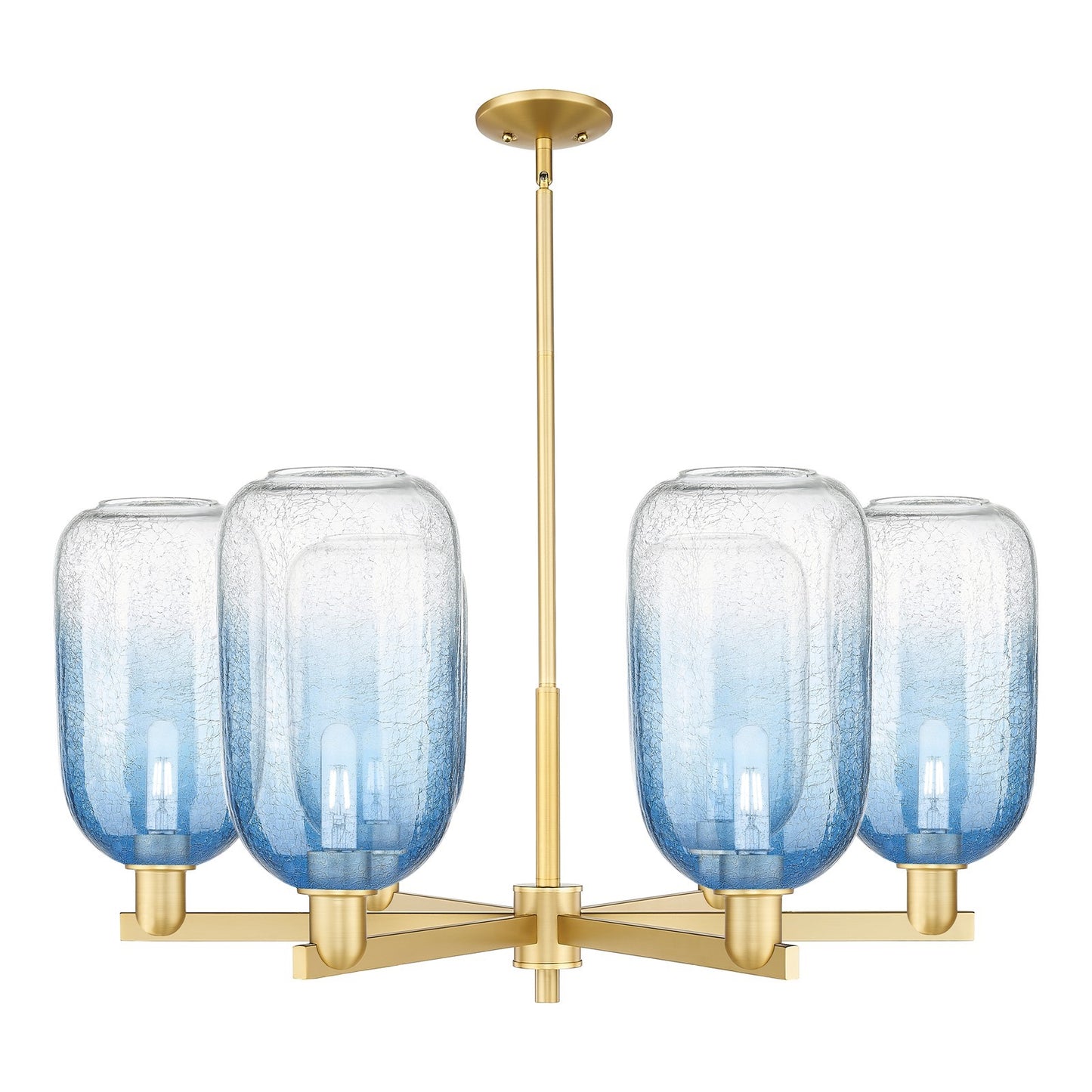 Innovations Brookhaven Cloche 36.75in 6-Light Chandelier | Industrial Satin Gold Steel and Sapphire Blue Glass | Dining Room & | Model 716-6CR-SG-G482-7SB