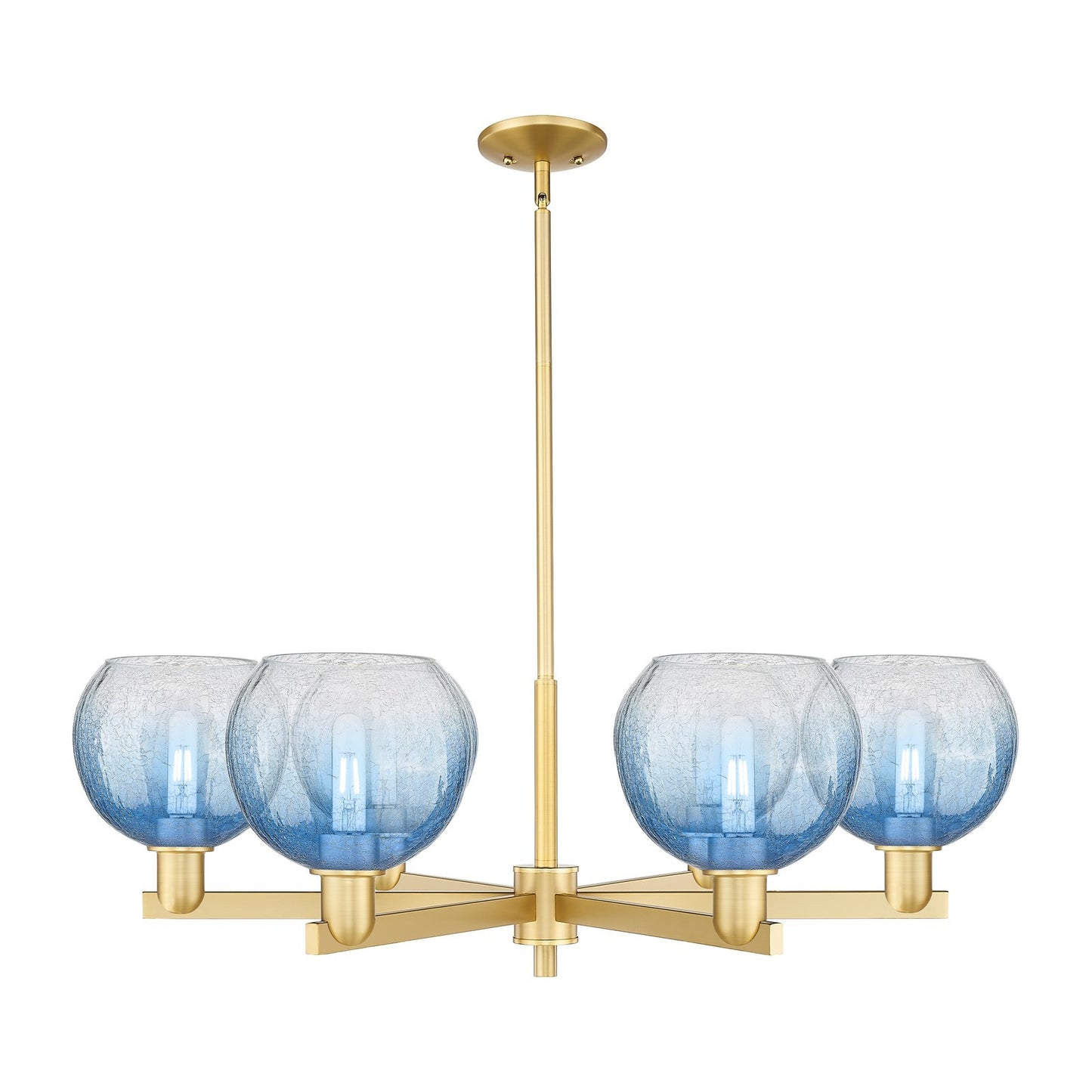 Innovations Brookhaven Globe 38in 6-Light Chandelier | Industrial Satin Gold Steel and Sapphire Blue Glass | Dining Room & | Model 716-6CR-SG-G483-8SB