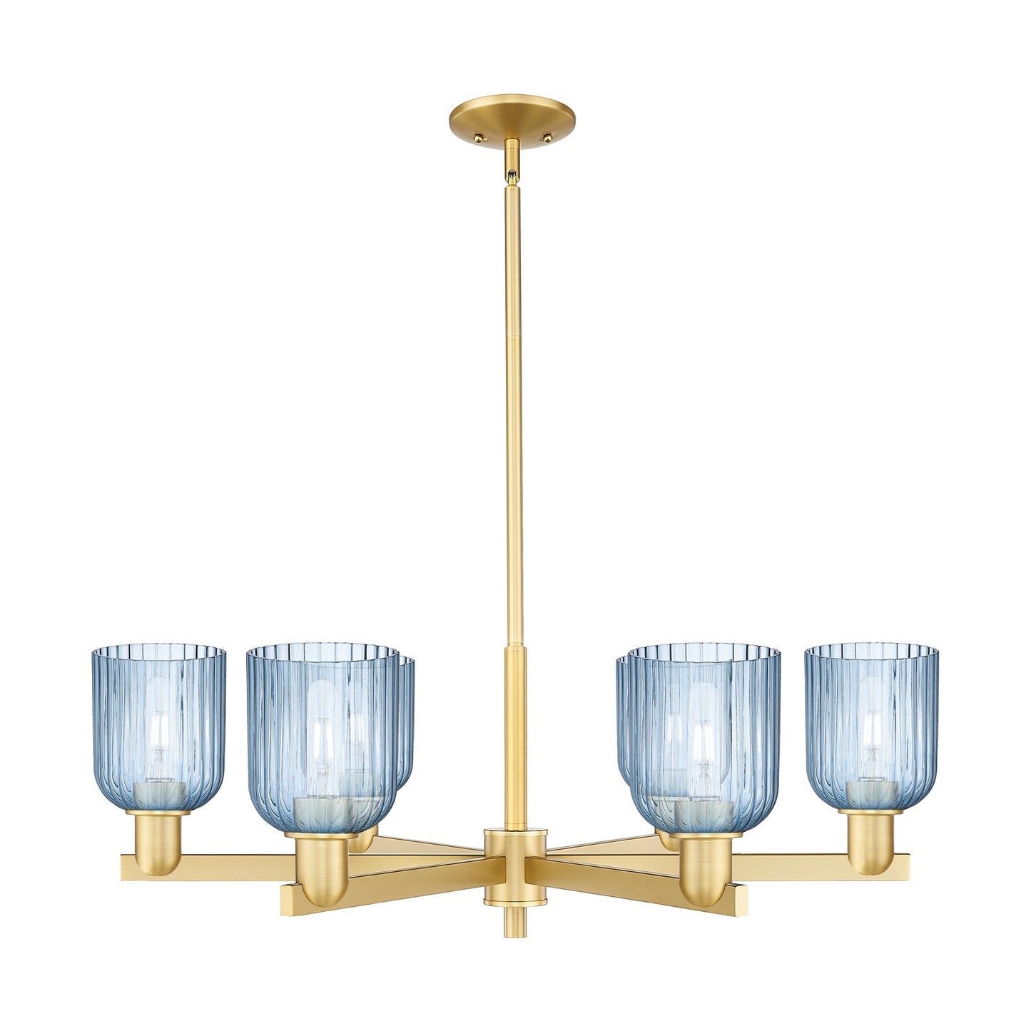 Innovations Bridal Veil 35in 6-Light Chandelier | Industrial Satin Gold Steel and Princess Blue Ribbed Glass | Dining Room & | Model 716-6CR-SG-G559-5BL