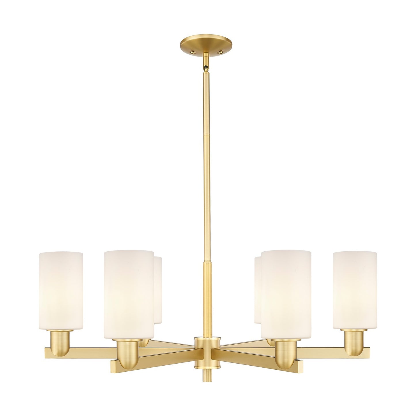 Innovations Clymer 34in 6-Light Chandelier | Industrial Satin Gold Steel and Matte White Glass | Dining Room & Living Room | Model 716-6CR-SG-G801