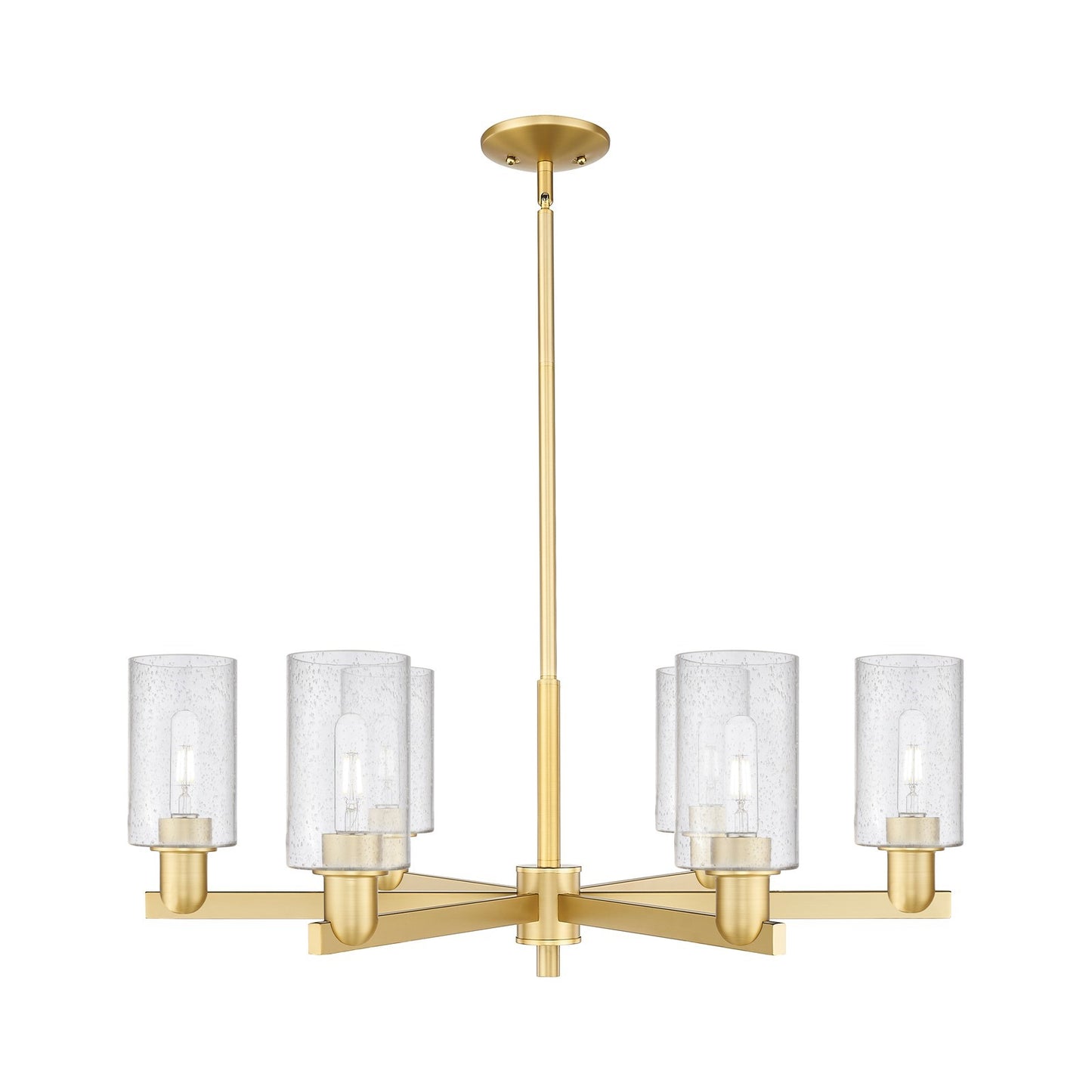 Innovations Clymer 34in 6-Light Chandelier | Industrial Satin Gold Steel and Seedy Glass | Dining Room & Living Room | Model 716-6CR-SG-G804