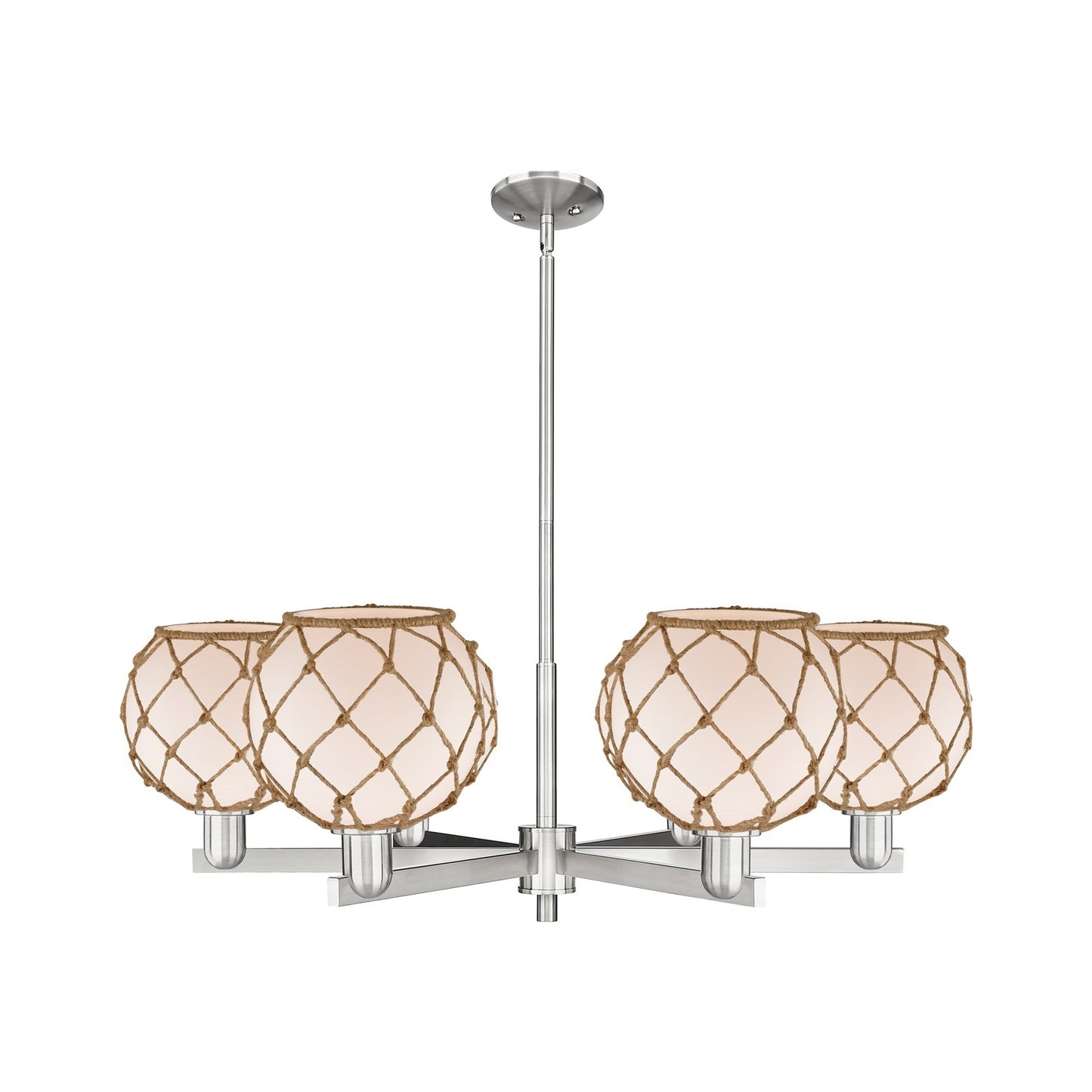 Innovations Farmhouse Rope 38in 6-Light Chandelier | Industrial Satin Nickel Steel and White Frosted Glass with Brown Rope | Model 716-6CR-SN-G121-8RB