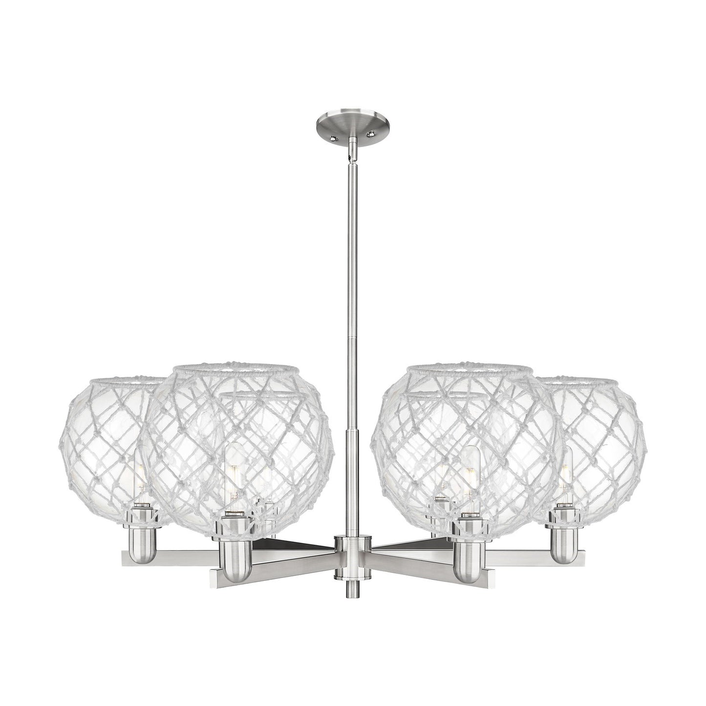 Innovations Farmhouse Rope 40in 6-Light Chandelier | Industrial Satin Nickel Steel and Clear Glass with White Rope | Dining | Model 716-6CR-SN-G122-10RW