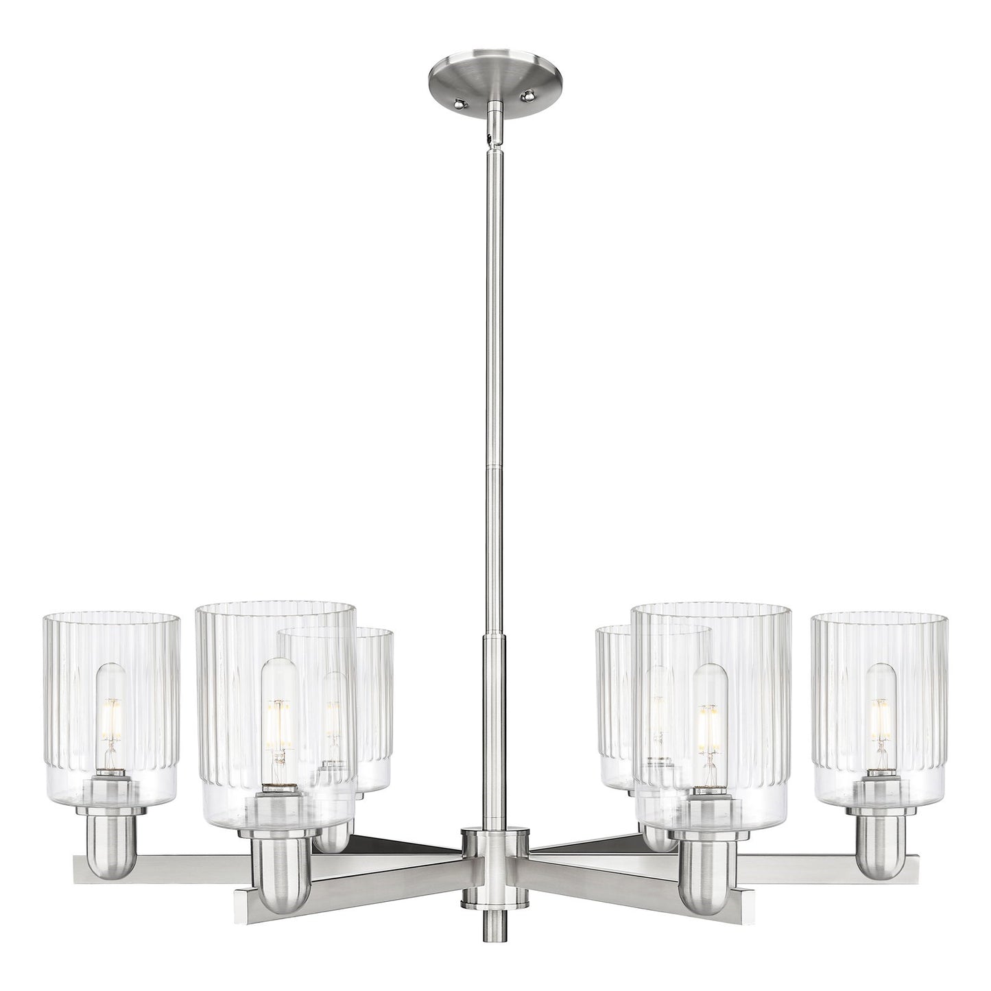 Innovations Hadley 34in 6-Light Chandelier | Industrial Satin Nickel and Clear Ribbed Glass | Dining Room & Living Room | Model 716-6CR-SN-G342