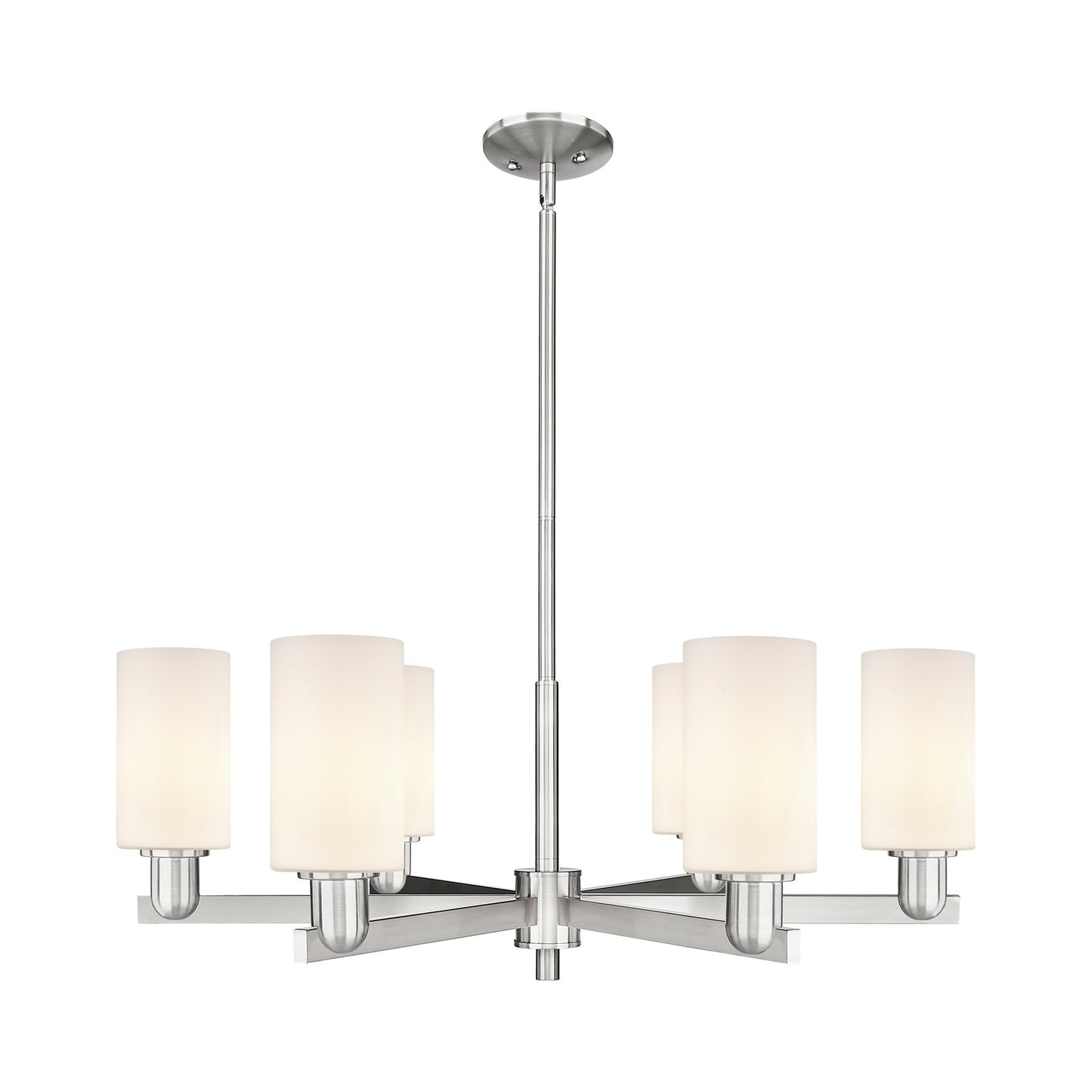 Innovations Clymer 34in 6-Light Chandelier | Industrial Satin Nickel and Matte White Glass | Dining Room & Living Room | Model 716-6CR-SN-G801