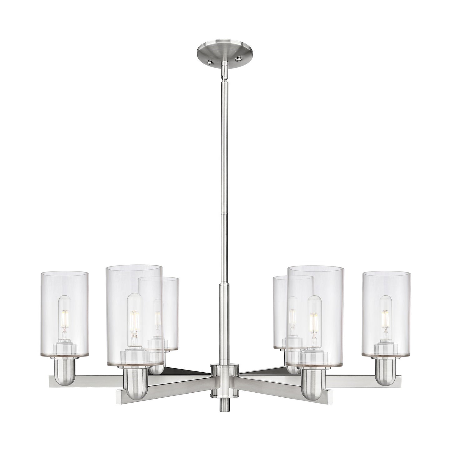 Innovations Clymer 34in 6-Light Chandelier | Industrial Satin Nickel and Clear Glass | Dining Room & Living Room | Model 716-6CR-SN-G802