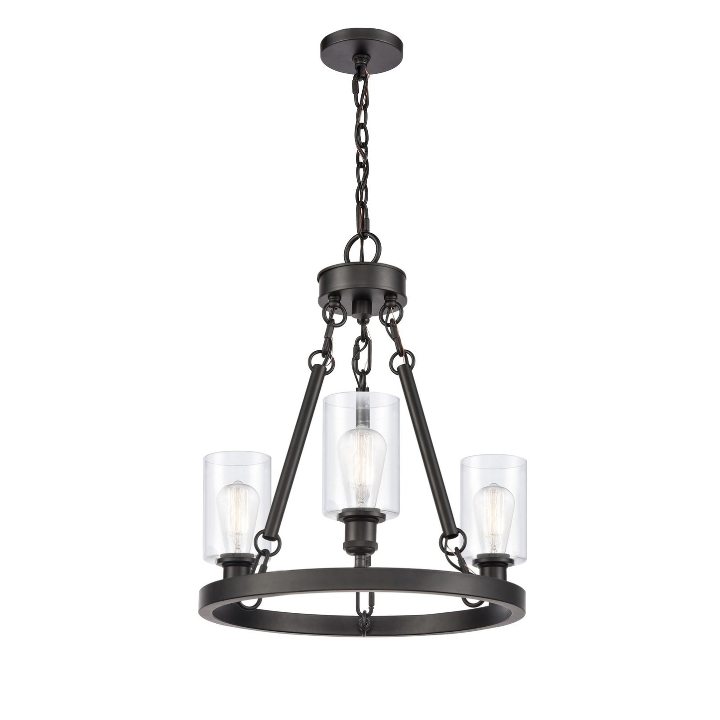 Innovations Clymer 20in 3-Light Mini Chandelier | Industrial Matte Black Steel and Clear Glass | Kitchen Island & Dining Room | Model 820-BK-G802-LED