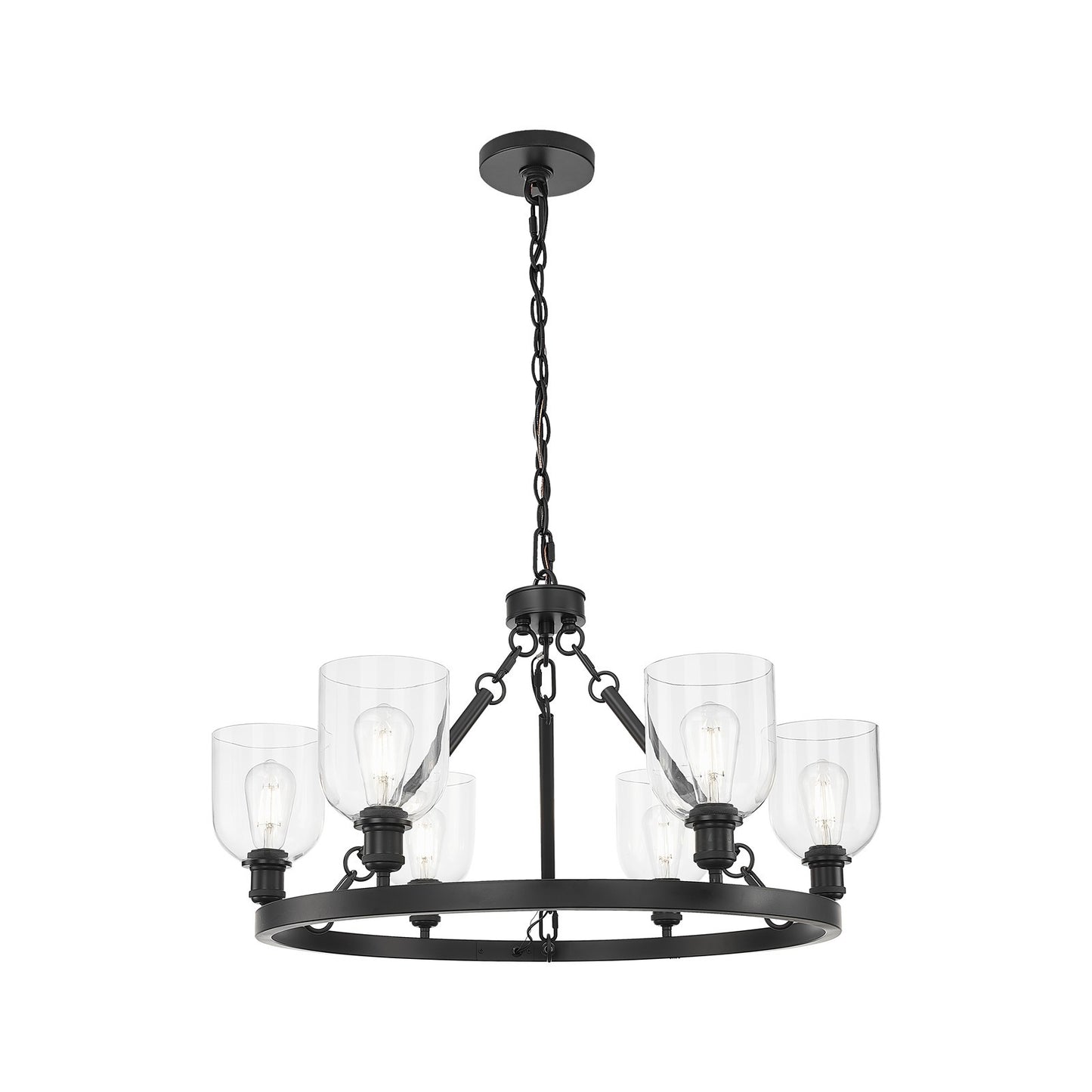 Innovations Bella 34in 6-Light Chandelier | Industrial Matte Black Steel and Clear Glass | Kitchen Island & Dining Room | Model 830-BK-G558-6CL