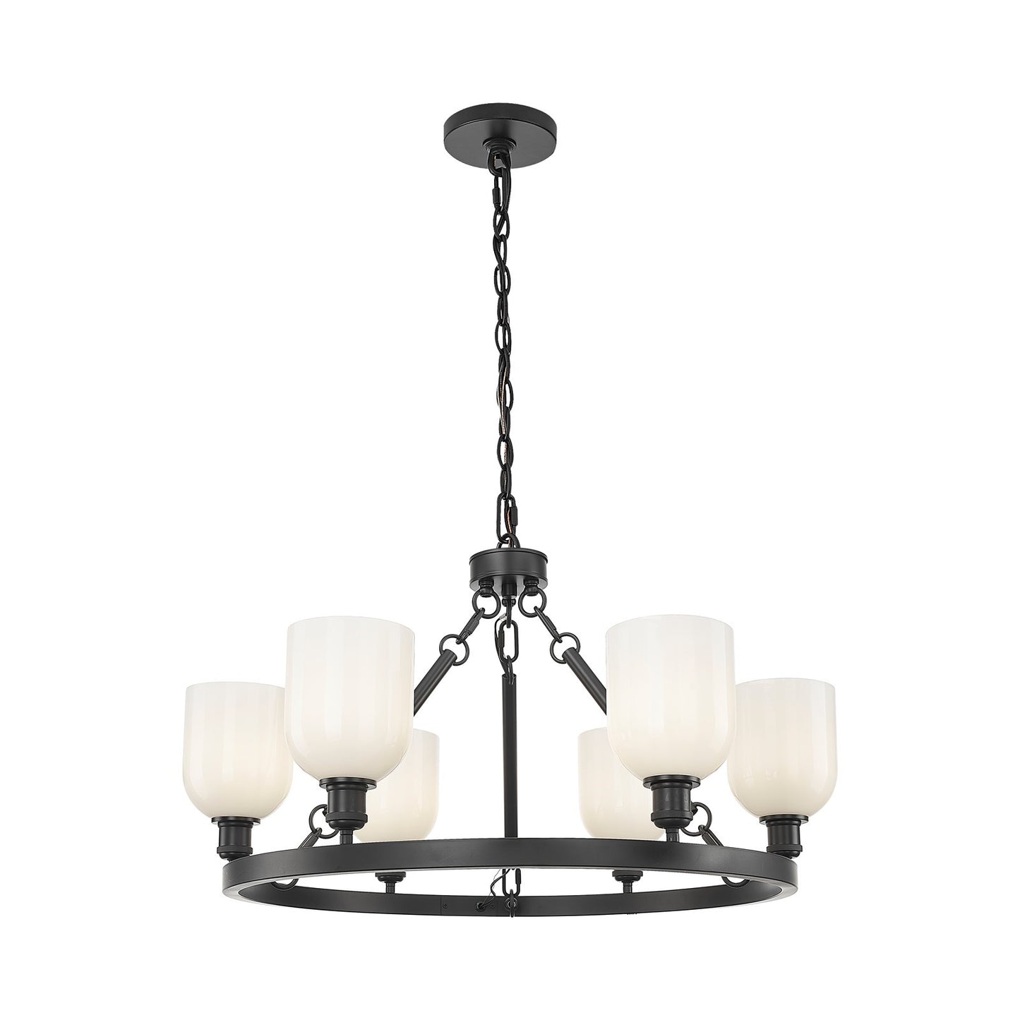 Innovations Bella 34in 6-Light Chandelier | Industrial Matte Black Steel and White Glass | Kitchen Island & Dining Room | Model 830-BK-G558-6GWH