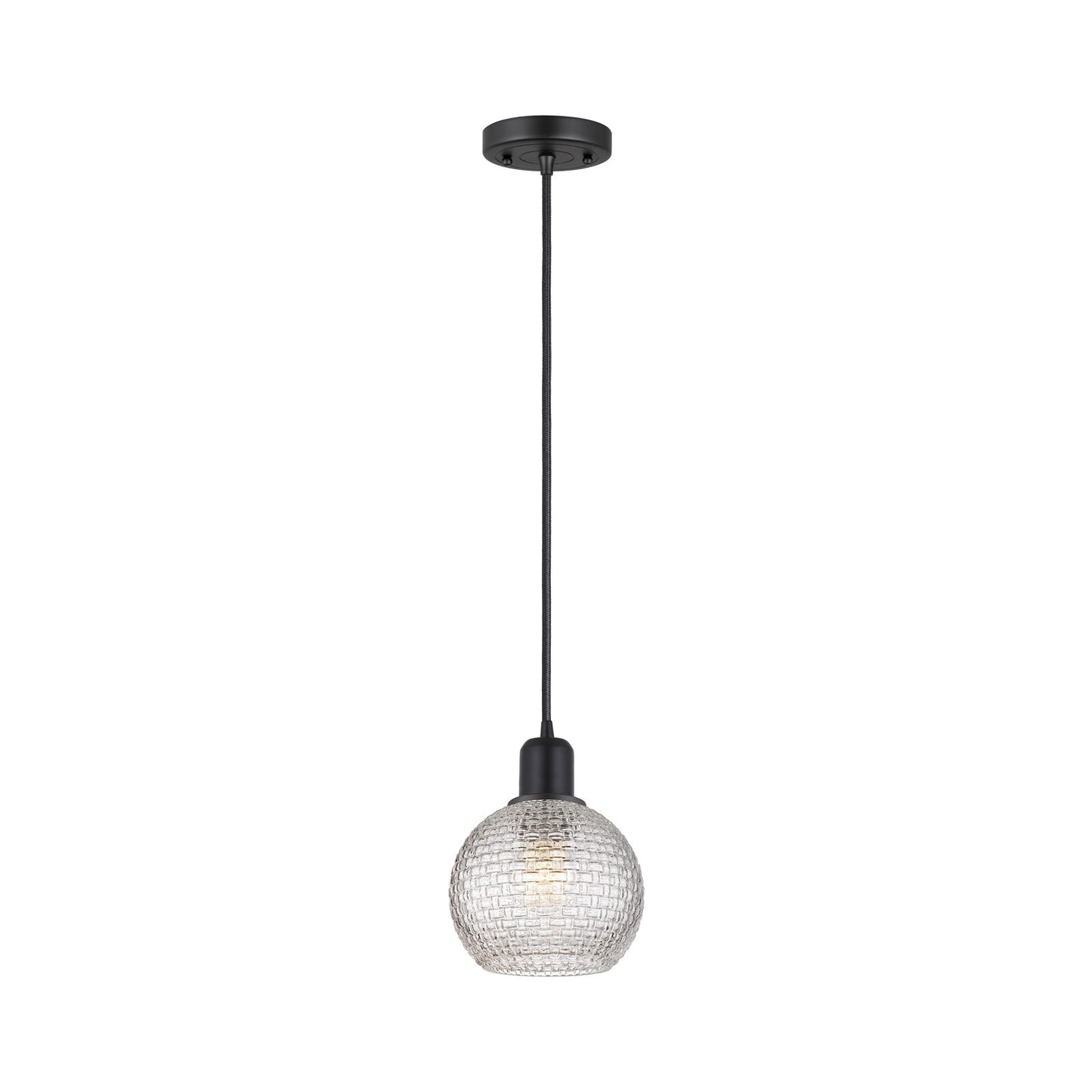 Innovations Athens 6in 1-Light Mini Pendant | Industrial Matte Black Steel and Clear Basket Weave Glass | Kitchen Island & | Model 900-1P-BK-G122C-6CL