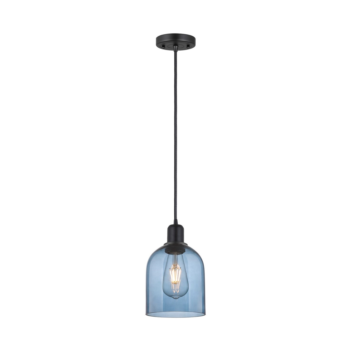 Innovations Bella 6in 1-Light Mini Pendant | Industrial Matte Black Steel and Blue Glass | Kitchen Island | 5.5 x 5.5 x 9.5 in | Model 900-1P-BK-G558-6BL