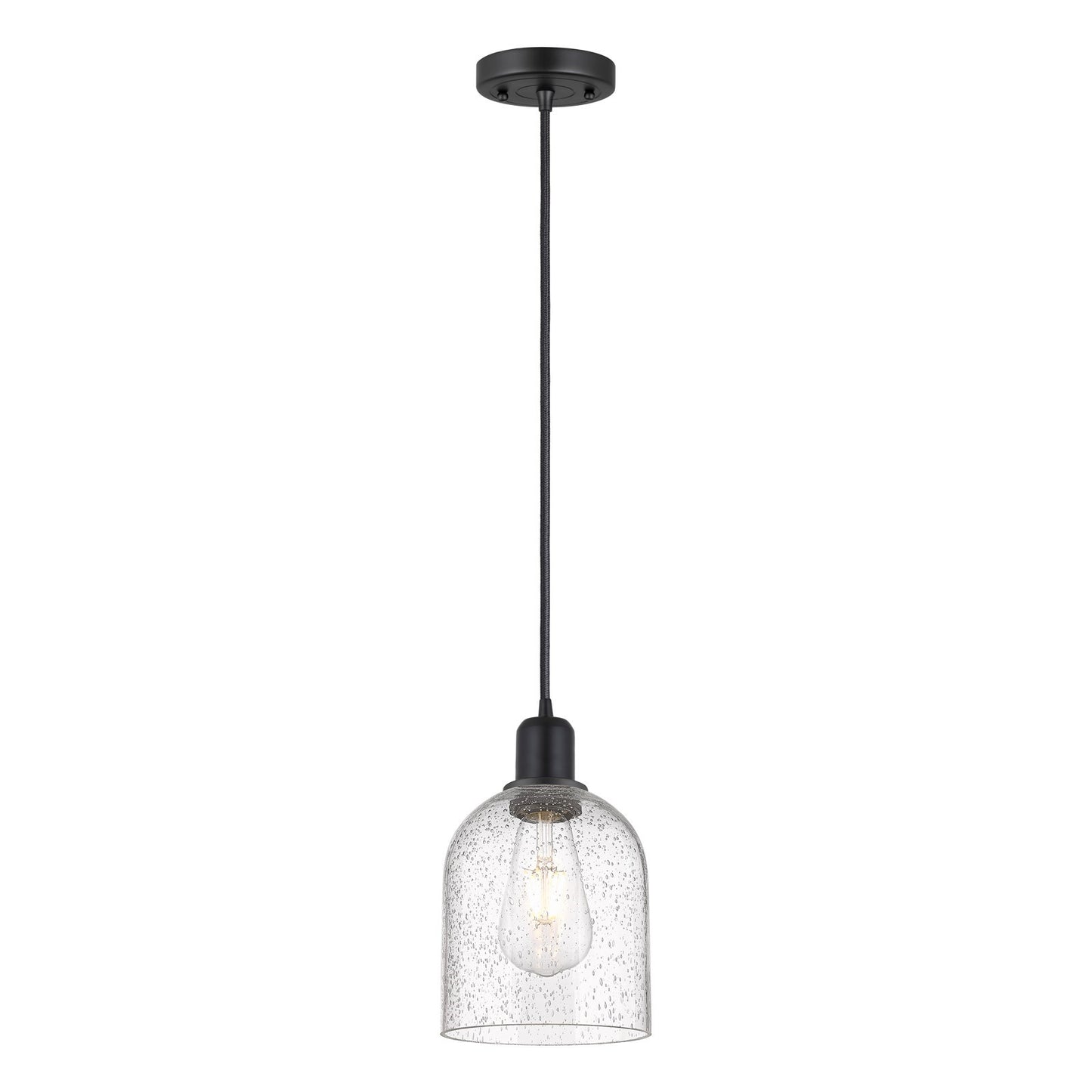 Innovations Bella 6in 1-Light Mini Pendant | Industrial Matte Black Steel and Seedy Glass | Kitchen Island | 5.5 x 5.5 x 9.5 in | Model 900-1P-BK-G558-6SDY