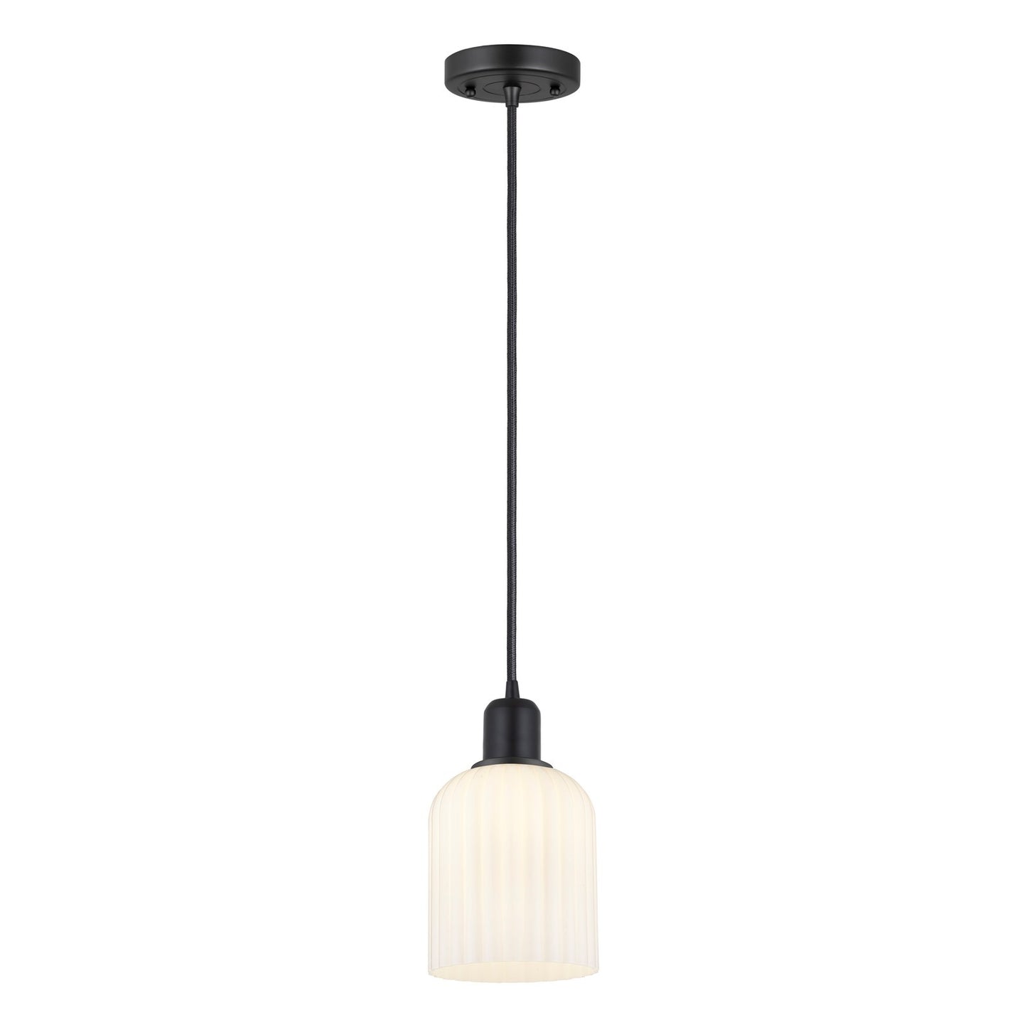 Innovations Bridal Veil 5in 1-Light Mini Pendant | Industrial Matte Black Steel and Gloss White Ribbed Glass | Kitchen Island | Model 900-1P-BK-G559-5GWH