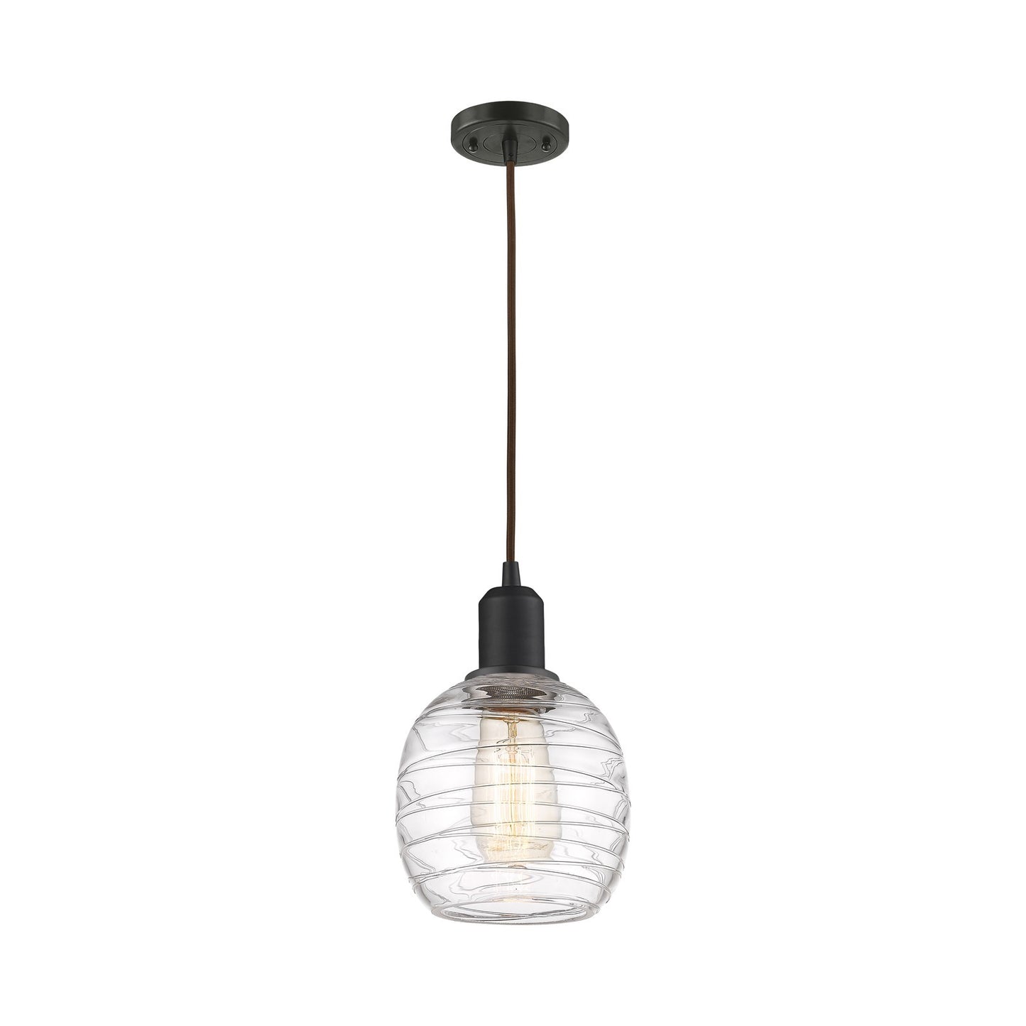Innovations Belfast 6in 1-Light Mini Pendant | Industrial Oil Rubbed Bronze Steel and Deco Swirl Clear Glass | Kitchen Island & | Model 900-1P-OB-G1013