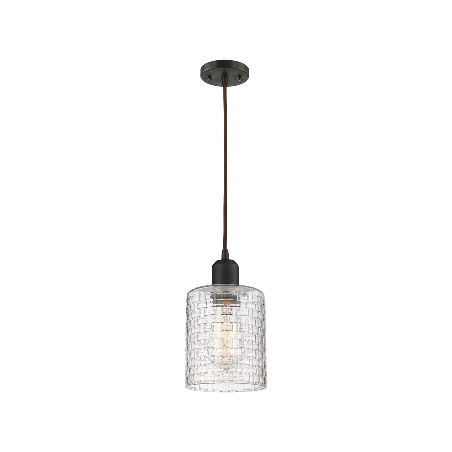 Innovations Cobbleskill 5in 1-Light Mini Pendant | Industrial Oil Rubbed Bronze Steel and Clear Basket Weave Glass | Kitchen | Model 900-1P-OB-G112C-5CL