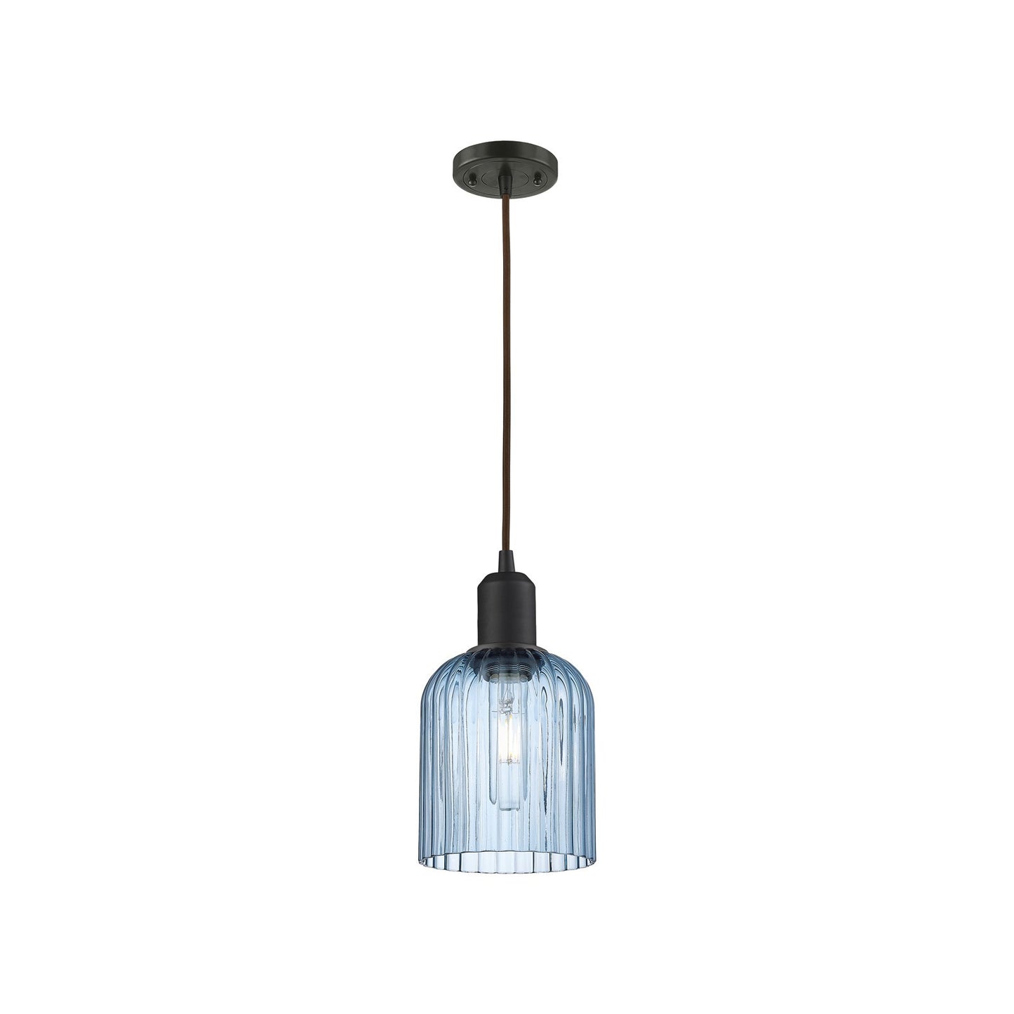 Innovations Bridal Veil 5in 1-Light Mini Pendant | Industrial Oil Rubbed Bronze Steel and Princess Blue Ribbed Glass | Kitchen | Model 900-1P-OB-G559-5BL