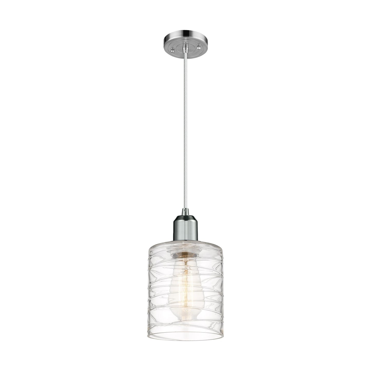 Innovations Cobbleskill 5in 1-Light Mini Pendant | Industrial Polished Chrome Steel and Clear Deco Swirl Glass | Kitchen Island & | Model 900-1P-PC-G1113