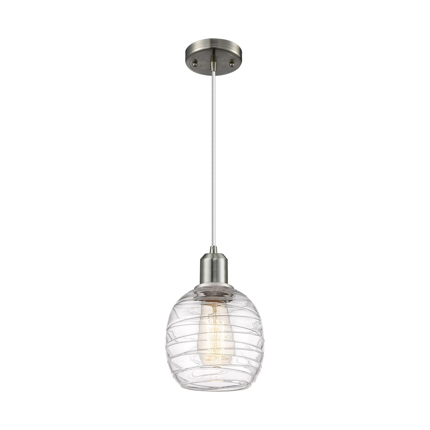 Innovations Belfast 6in 1-Light Mini Pendant | Industrial Brushed Satin Nickel Steel and Deco Swirl Glass | Kitchen Island & | Model 900-1P-SN-G1013