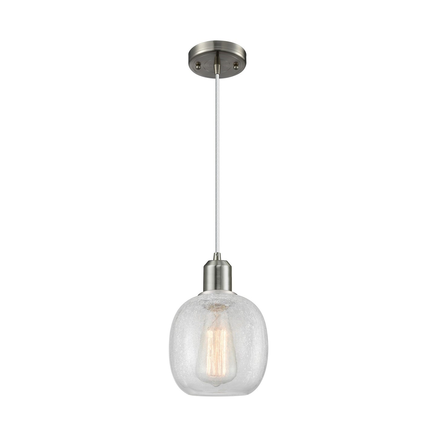 Innovations Belfast 6in 1-Light Mini Pendant | Industrial Brushed Satin Nickel Steel and Clear Crackle Glass | Kitchen Island & | Model 900-1P-SN-G105