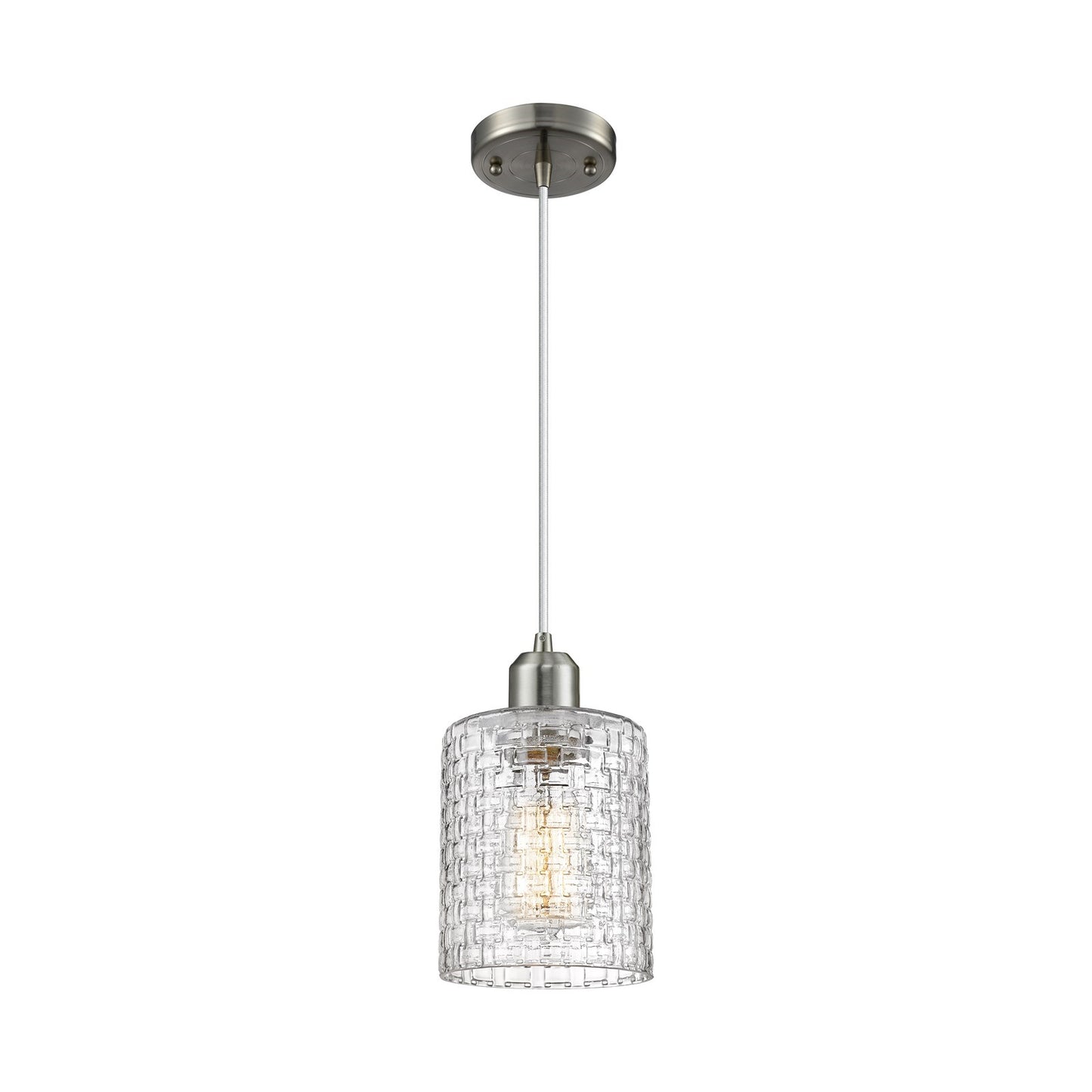 Innovations Cobbleskill 5in 1-Light Mini Pendant | Industrial Brushed Satin Nickel Steel and Clear Basket Weave Glass | Model 900-1P-SN-G112C-5CL