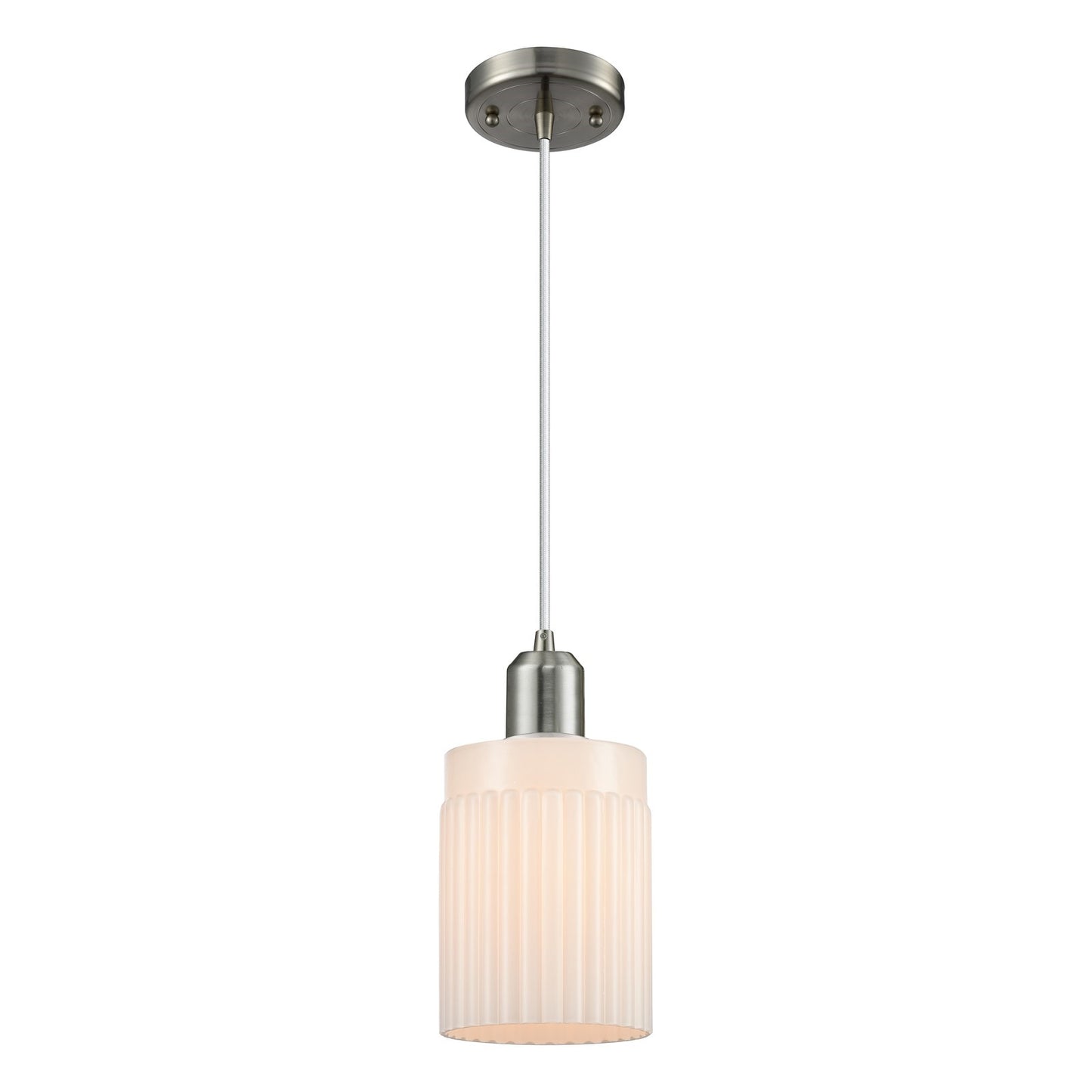 Innovations Hadley 4.5in 1-Light Mini Pendant | Industrial Brushed Satin Nickel and Matte White Ribbed Glass | Kitchen Island & | Model 900-1P-SN-G341
