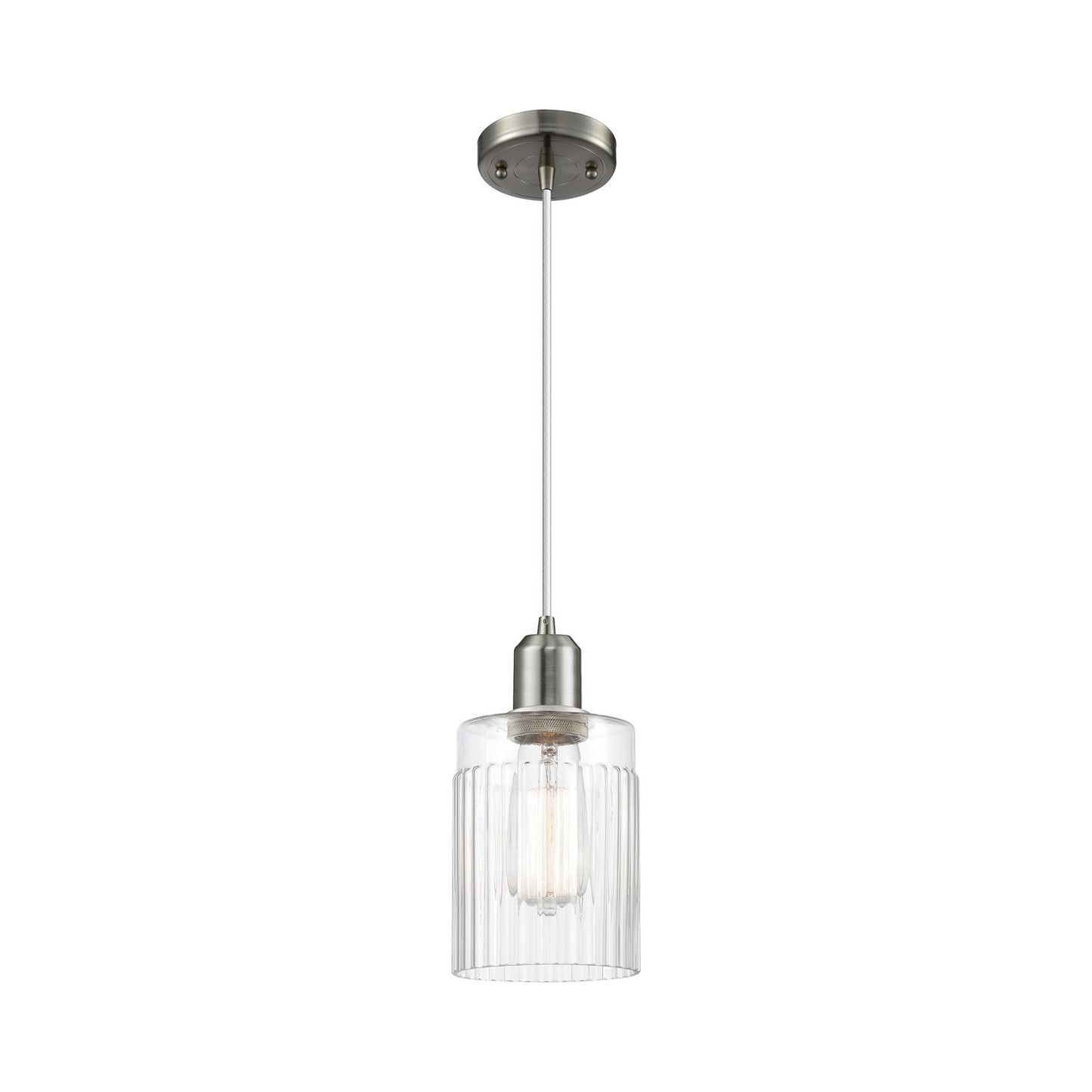 Innovations Hadley 4.5in 1-Light Mini Pendant | Industrial Brushed Satin Nickel Steel and Clear Ribbed Glass | Kitchen Island & | Model 900-1P-SN-G342