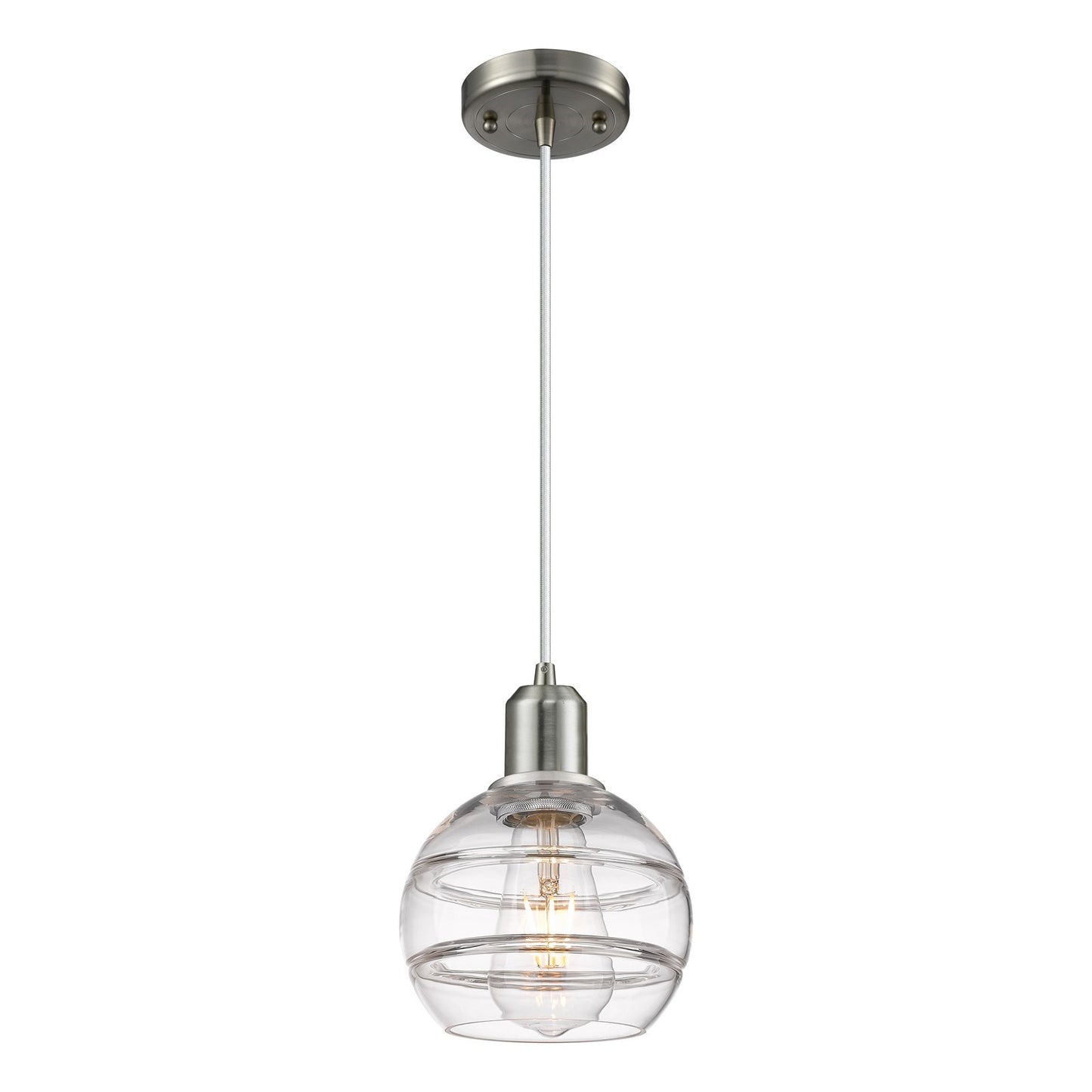 Innovations Rochester 6in 1-Light Mini Pendant | Industrial Brushed Satin Nickel Steel and Clear Glass | Kitchen Island & | Model 900-1P-SN-G556-6CL