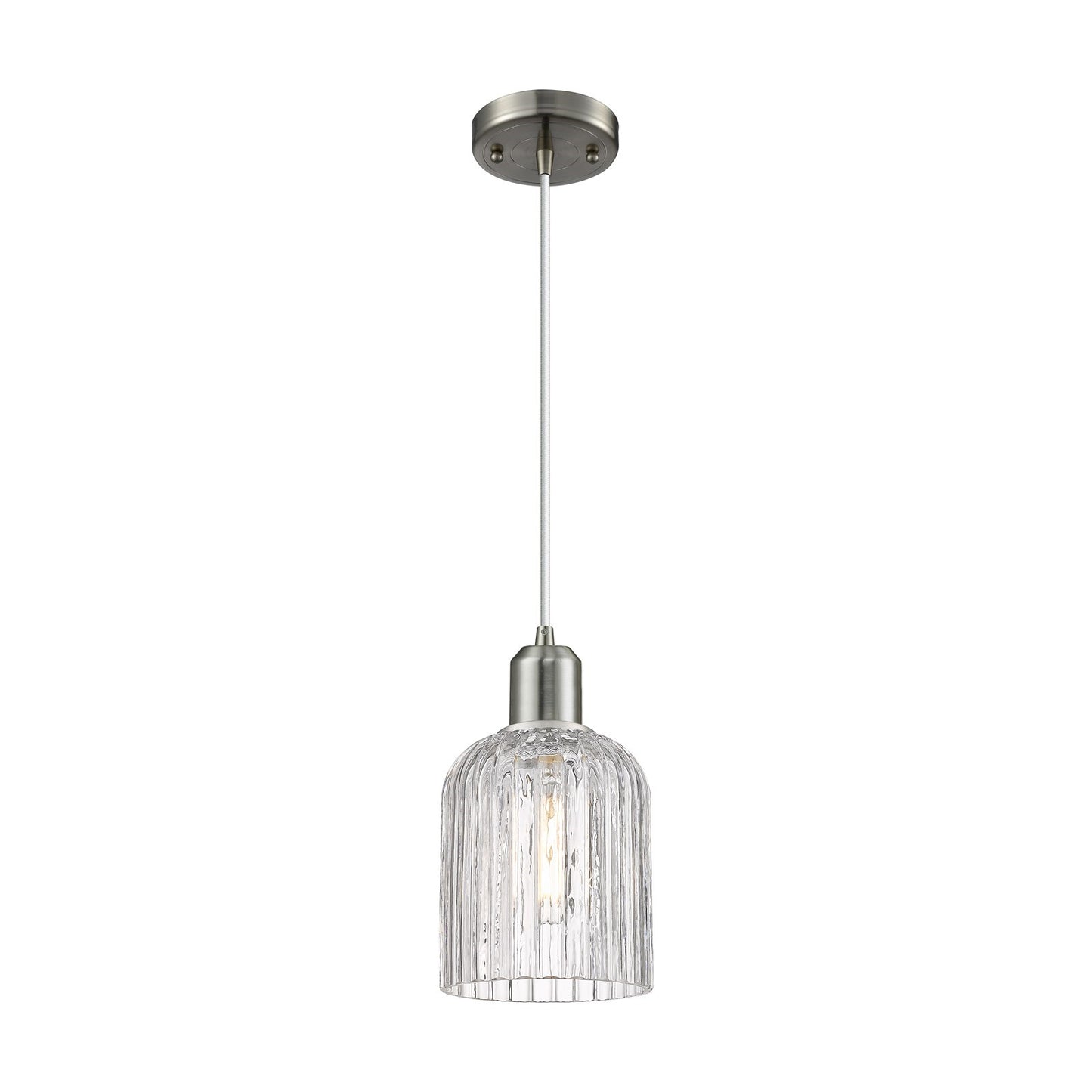 Innovations Bridal Veil 5in 1-Light Mini Pendant | Industrial Brushed Satin Nickel Steel and Clear Ribbed Glass | Kitchen | Model 900-1P-SN-G559-5CL
