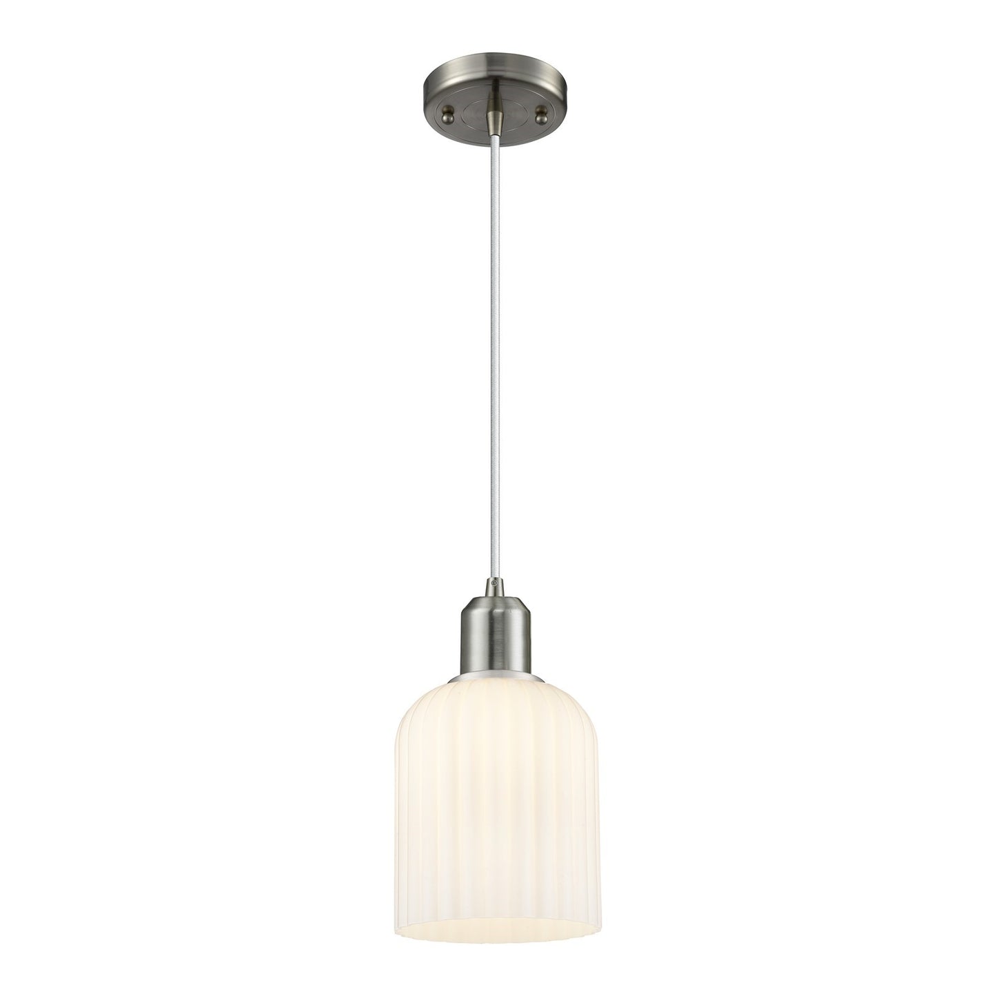 Innovations Bridal Veil 5in 1-Light Mini Pendant | Industrial Brushed Satin Nickel and Gloss White Ribbed Glass | Kitchen | Model 900-1P-SN-G559-5GWH