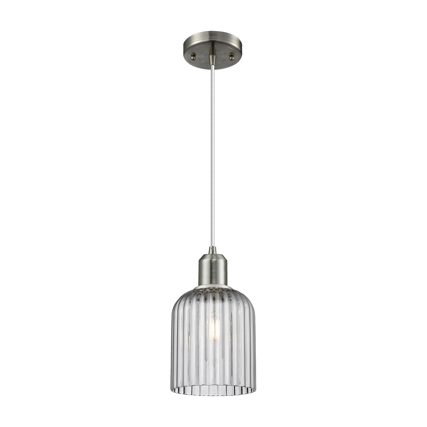 Innovations Bridal Veil 5in 1-Light Mini Pendant | Industrial Brushed Satin Nickel Steel and Light Smoke Ribbed Glass | Kitchen | Model 900-1P-SN-G559-5SM