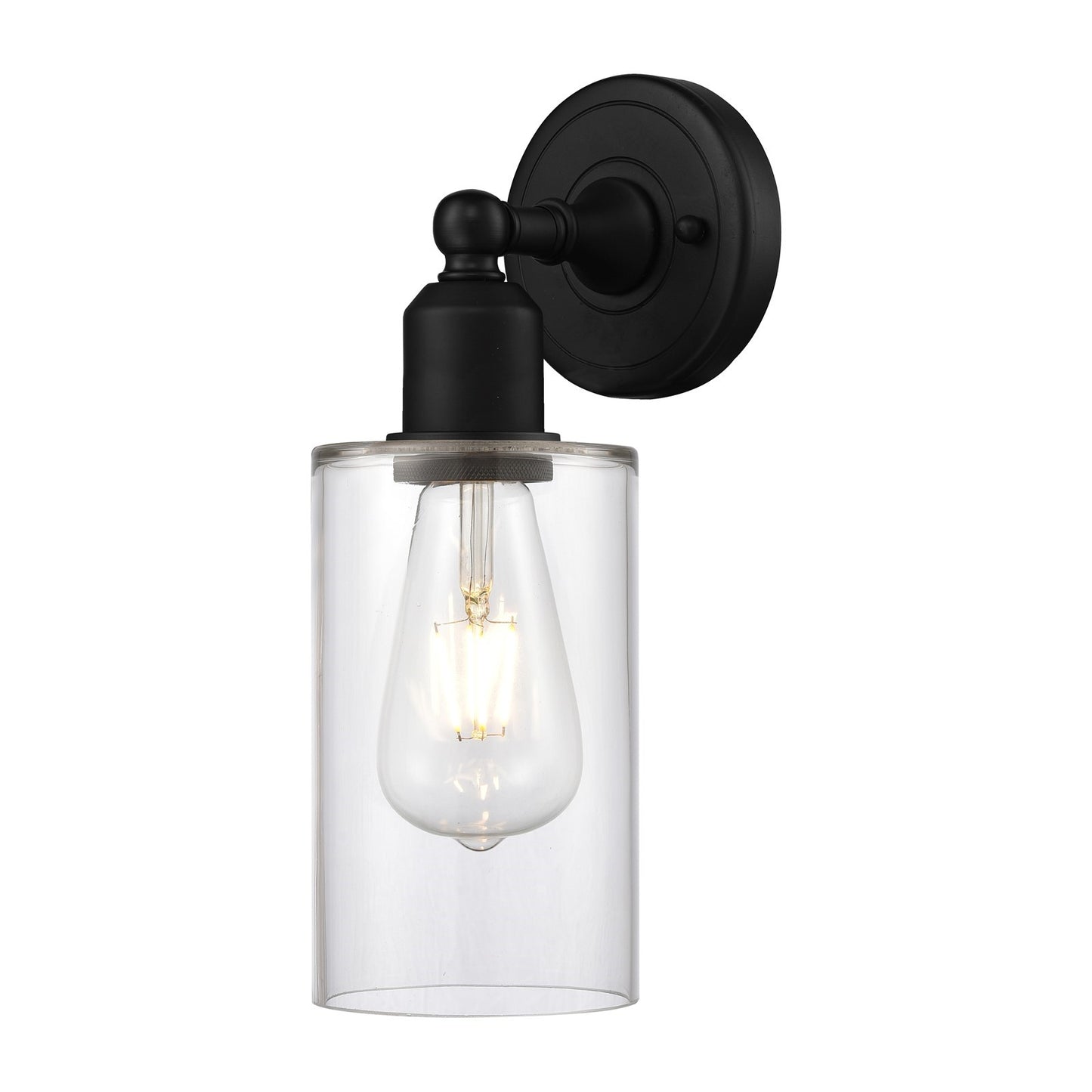 Innovations Clymer 1-Light 4in Wall Sconce | Industrial Matte Black Steel and Clear Glass | Damp Rated Hallway & Bathroom Accent | Model 900-1W-BK-G802