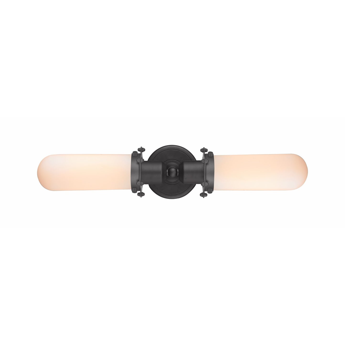 Innovations Centri 22in 2-Light Bath Vanity | Industrial Matte Black Steel and Cast Brass with Matte White Frosted Glass | Model 900-2W-BK-CE228-BK-W-LED