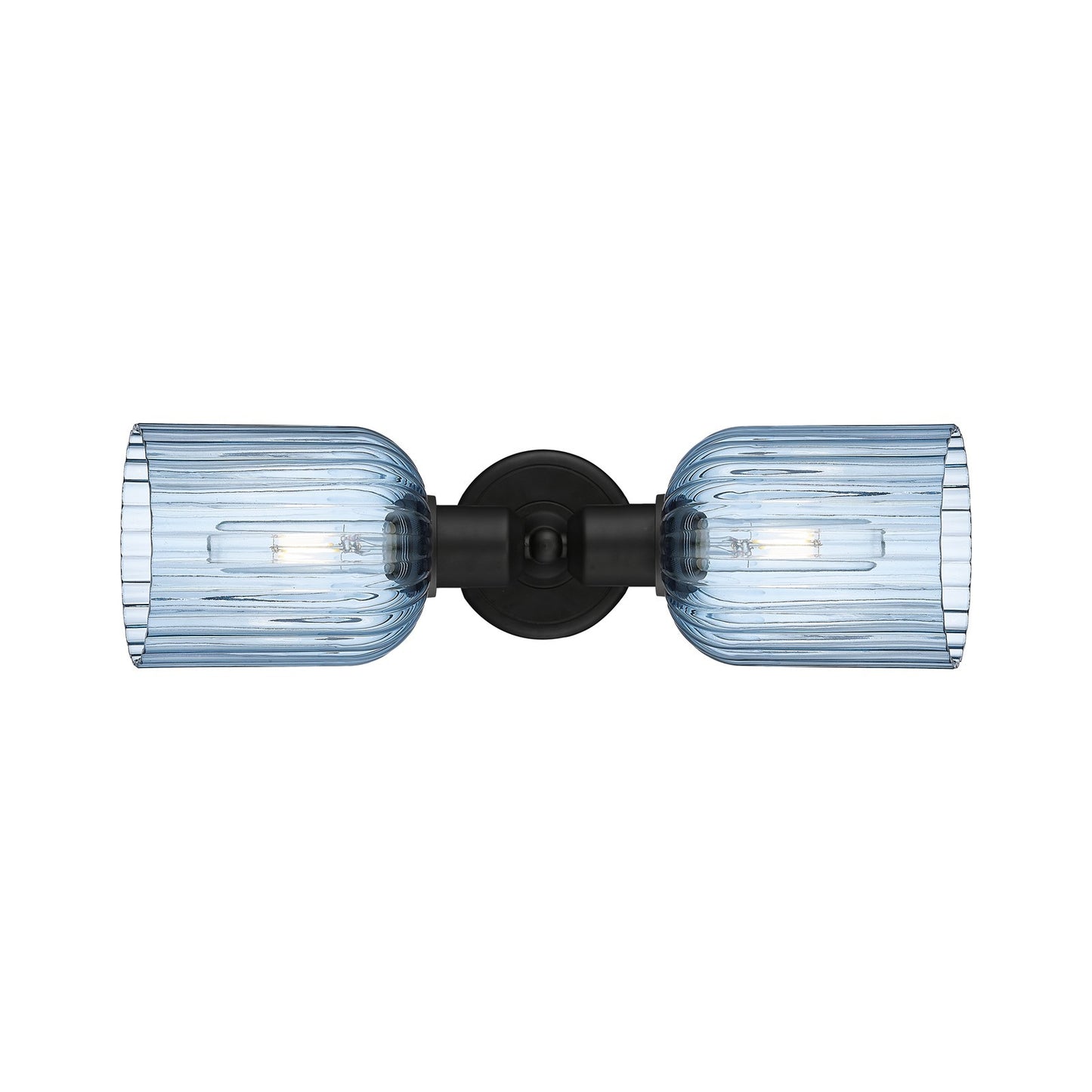 Innovations Bridal Veil 17in 2-Light Linear Bath Vanity Light | Industrial Matte Black Steel and Princess Blue Ribbed Glass | Model 900-2W-BK-G559-5BL