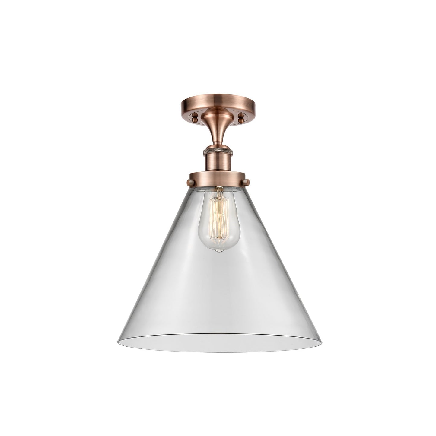 Innovations Cone 12in 1-Light Semi-Flush Mount | Industrial Antique Copper Steel and Clear Glass | Hallway & Entryway | Model 916-1C-AC-G42-L-LED