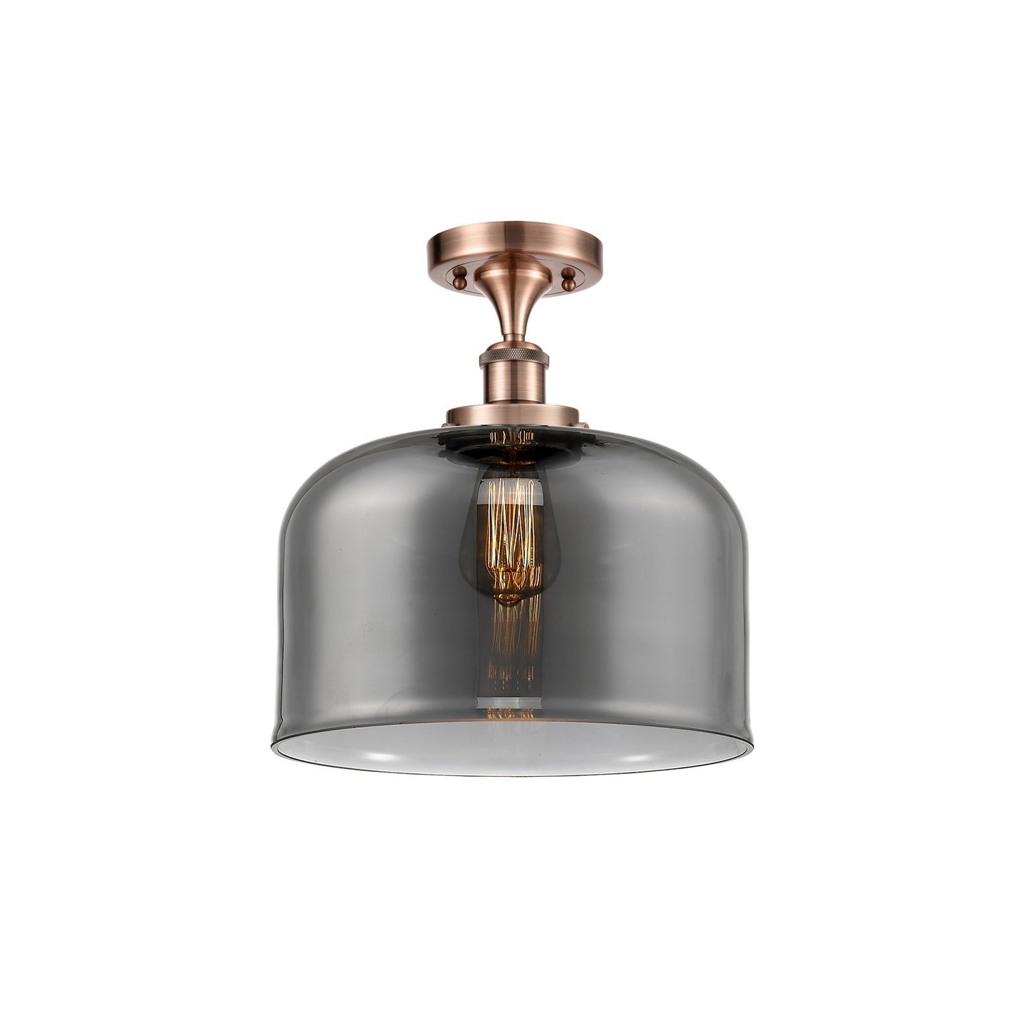 Innovations Bell 12in 1-Light Semi-Flush Mount | Industrial Antique Copper Steel and Light Smoke Glass | Entryway & Hallway | Model 916-1C-AC-G73-L-LED