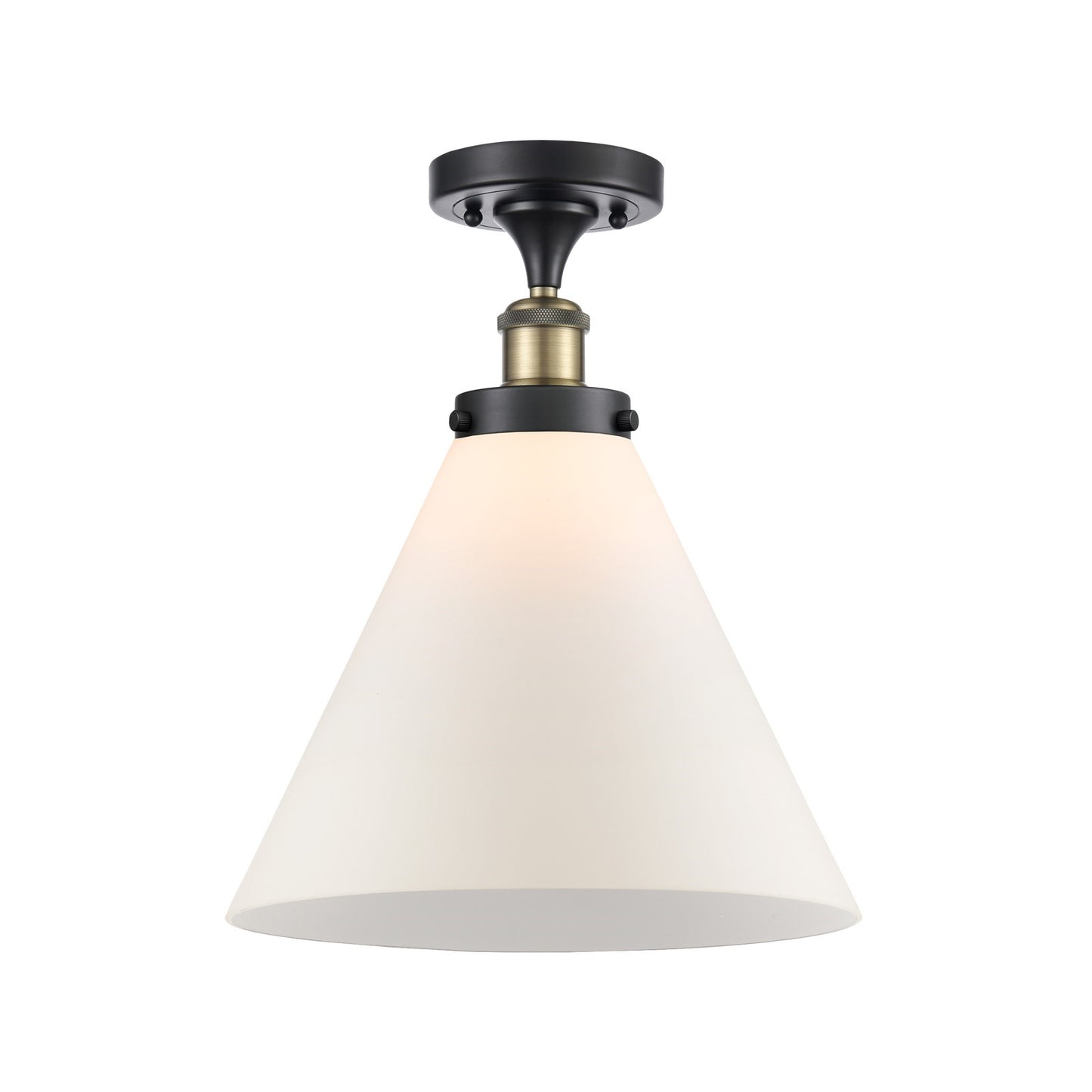 Innovations Cone 12in 1-Light Semi-Flush Mount | Industrial Black Antique Brass and Matte White Frosted Glass | Entryway & | Model 916-1C-BAB-G41-L-LED