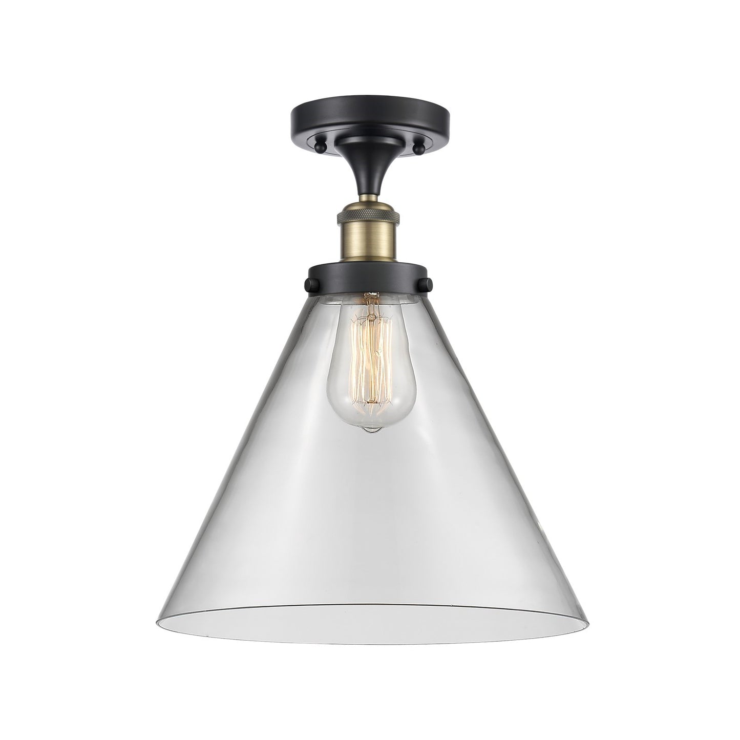 Innovations Cone 12in 1-Light Semi-Flush Mount | Industrial Black Antique Brass and Clear Glass | Entryway & Hallway | Model 916-1C-BAB-G42-L-LED