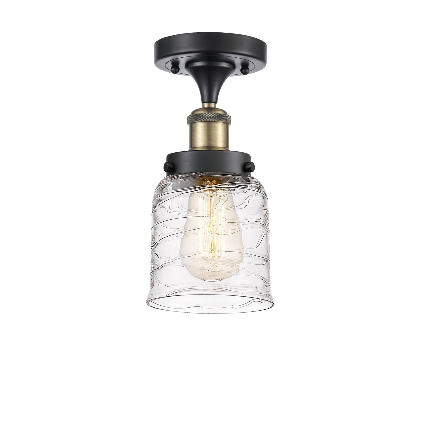 Innovations Bell 5in 1-Light Semi-Flush Mount | Industrial Black Antique Brass and Clear Deco Swirl Glass | Covered Patios & | Model 916-1C-BAB-G513-LED
