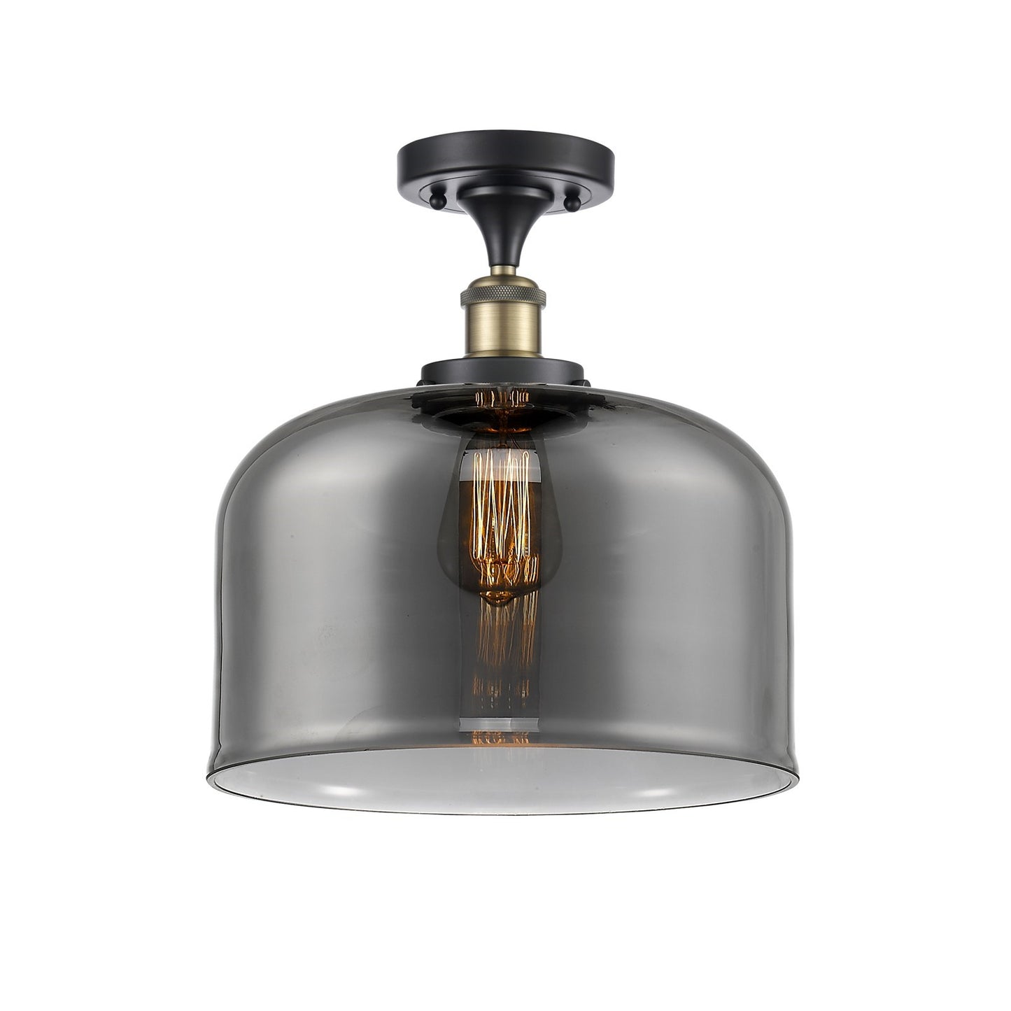 Innovations Bell 12in 1-Light Semi-Flush Mount | Industrial Black Antique Brass and Light Smoke Glass | Foyer & Hallway | Model 916-1C-BAB-G73-L-LED