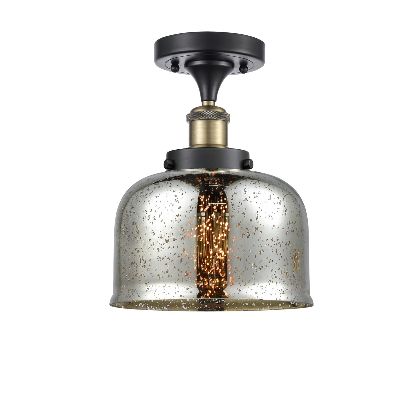 Innovations Bell 8in 1-Light Semi-Flush Mount | Industrial Black Antique Brass and Silver Plated Mercury Glass | Foyer & Hallway | Model 916-1C-BAB-G78