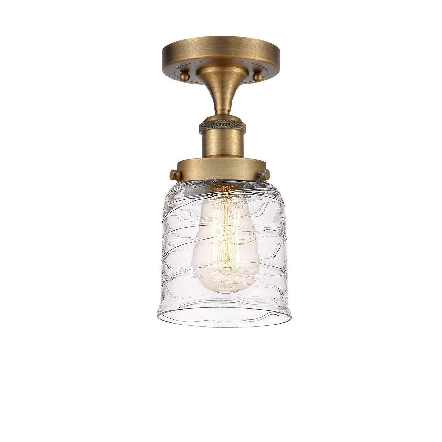 Innovations Bell 5in 1-Light Semi-Flush Mount | Industrial Brushed Brass Steel and Clear Deco Swirl Glass | Entryway & Hallway | Model 916-1C-BB-G513-LED