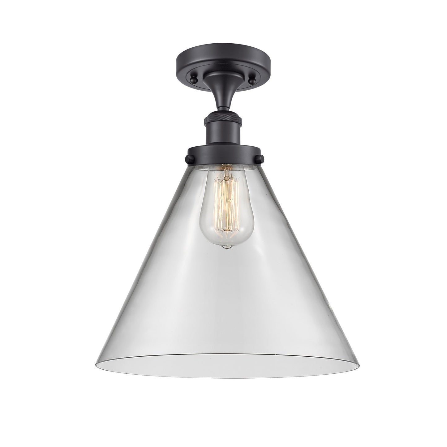 Innovations Cone 12in 1-Light Semi-Flush Mount | Industrial Matte Black Steel and Clear Glass | Entryway & Hallway | Model 916-1C-BK-G42-L