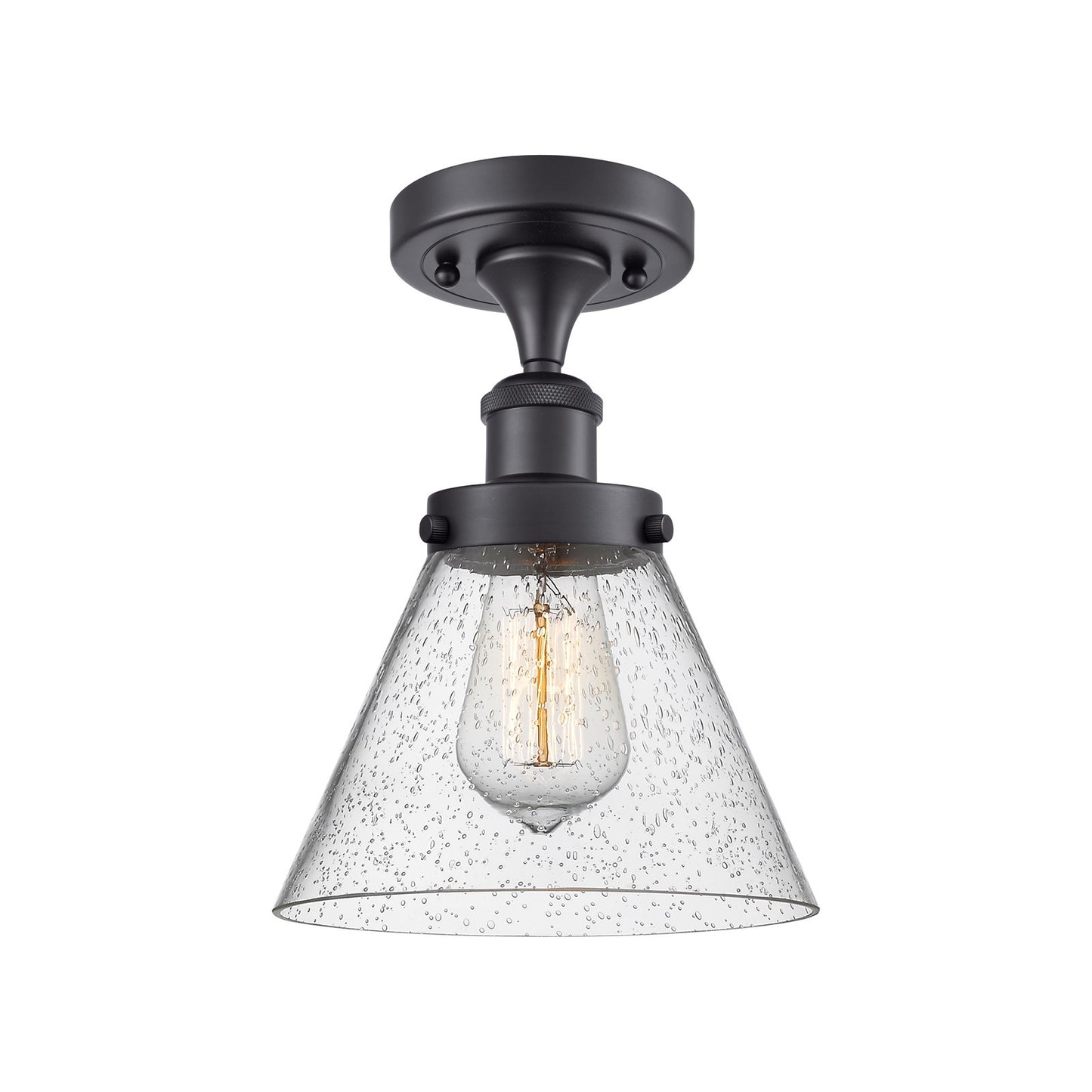 Innovations Cone 8in 1-Light Semi-Flush Mount | Industrial Matte Black Steel and Seedy Glass | Hallway & Entryway | 8 x 13 in | Model 916-1C-BK-G44