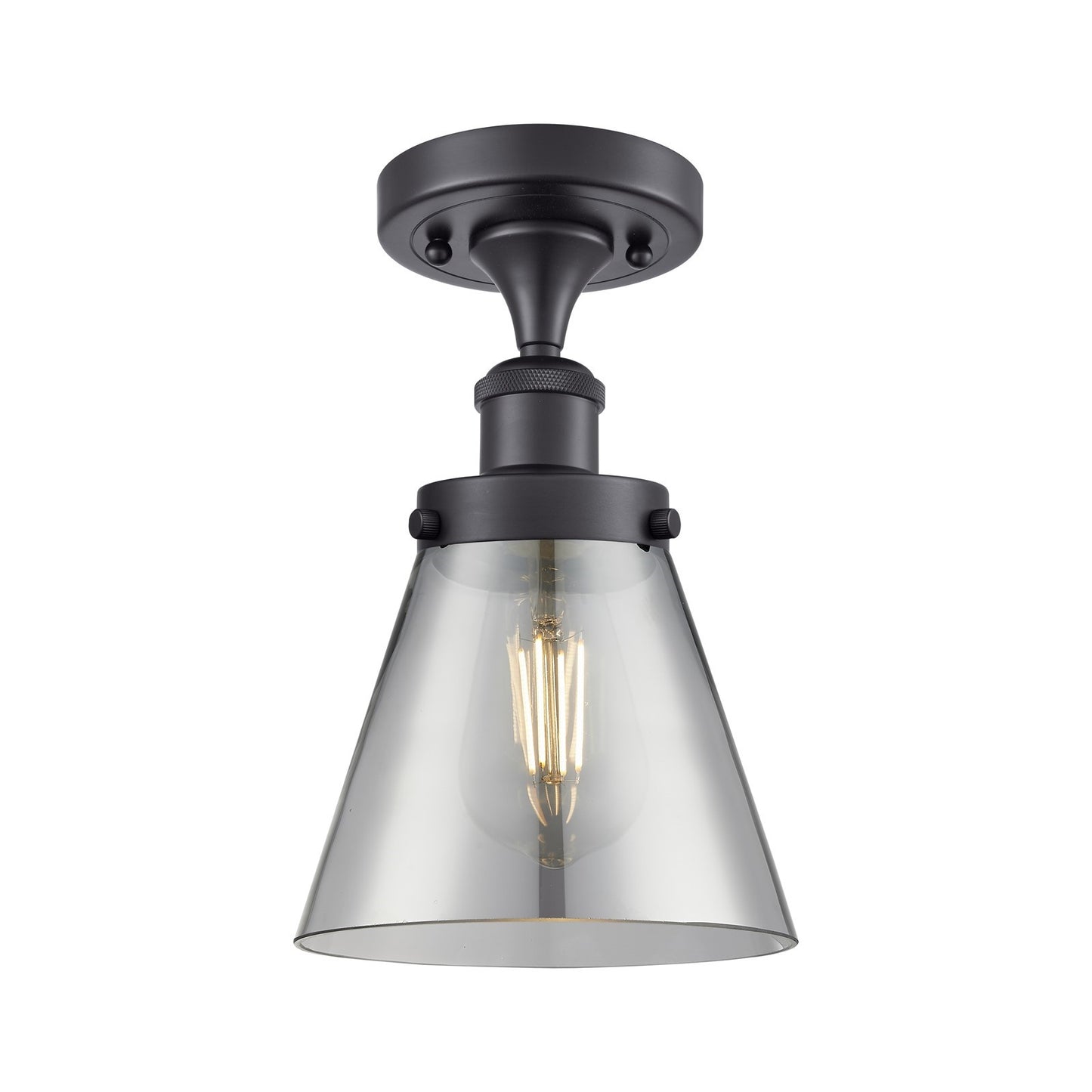 Innovations Cone 6in 1-Light Semi-Flush Mount | Industrial Matte Black Steel and Light Smoke Glass | Entryway & Hallway | Model 916-1C-BK-G63-LED