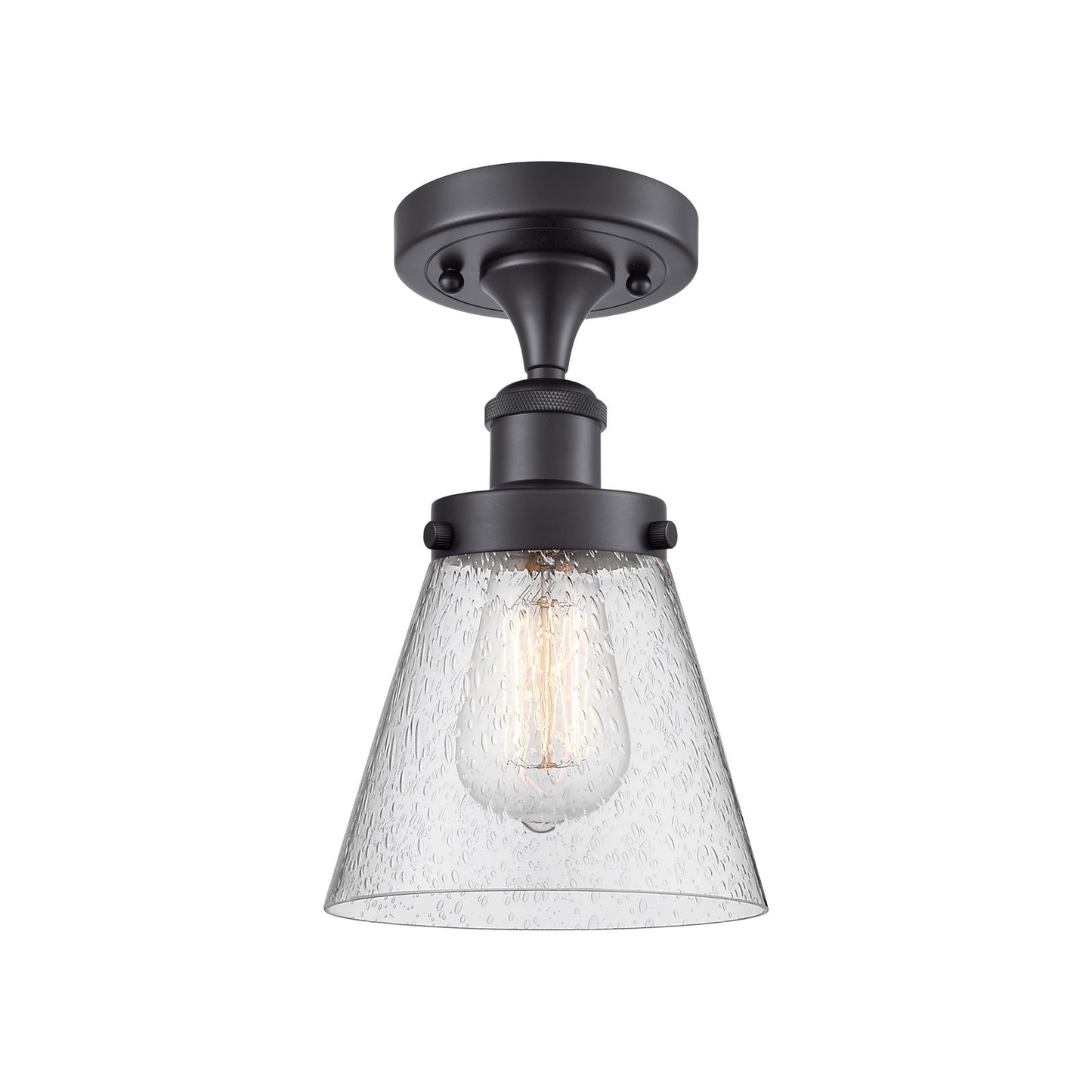 Innovations Cone 6in 1-Light Semi-Flush Mount | Industrial Matte Black Steel and Seedy Glass | Entryway & Hallway | 6 x 6 x 11 in | Model 916-1C-BK-G64