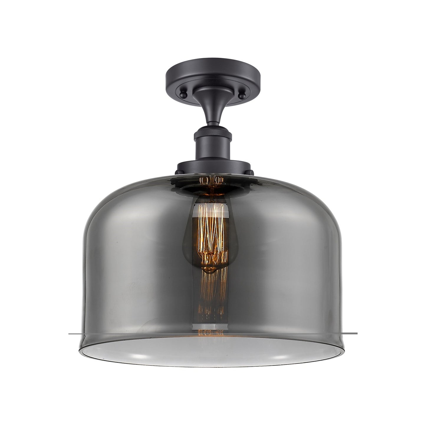 Innovations Bell 12in 1-Light Semi-Flush Mount | Industrial Matte Black Steel and Light Smoke Glass | Entryway & Hallway | Model 916-1C-BK-G73-L