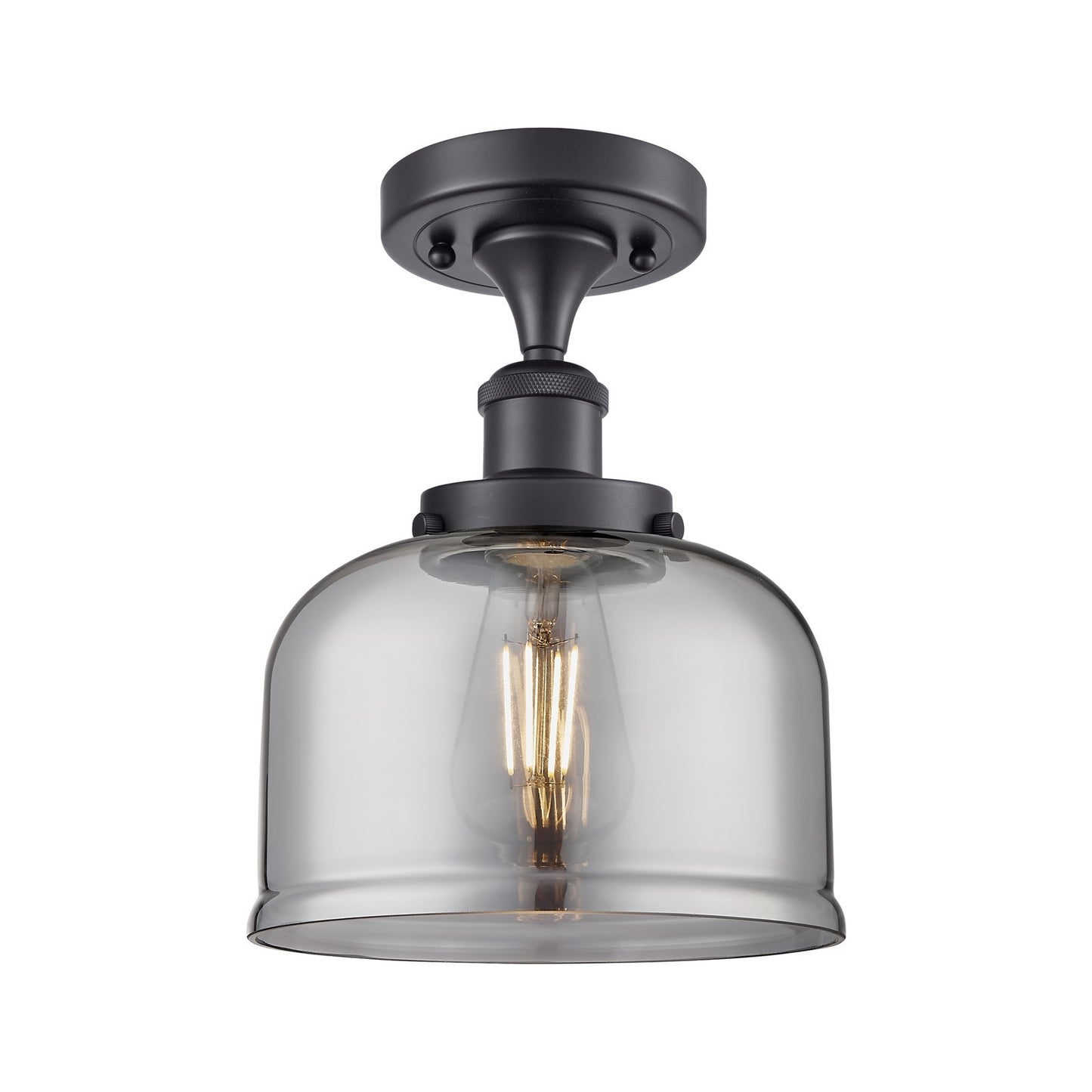 Innovations Bell 8in 1-Light Semi-Flush Mount | Industrial Matte Black Steel and Light Smoke Glass | Entryway & Hallway | Model 916-1C-BK-G73-LED