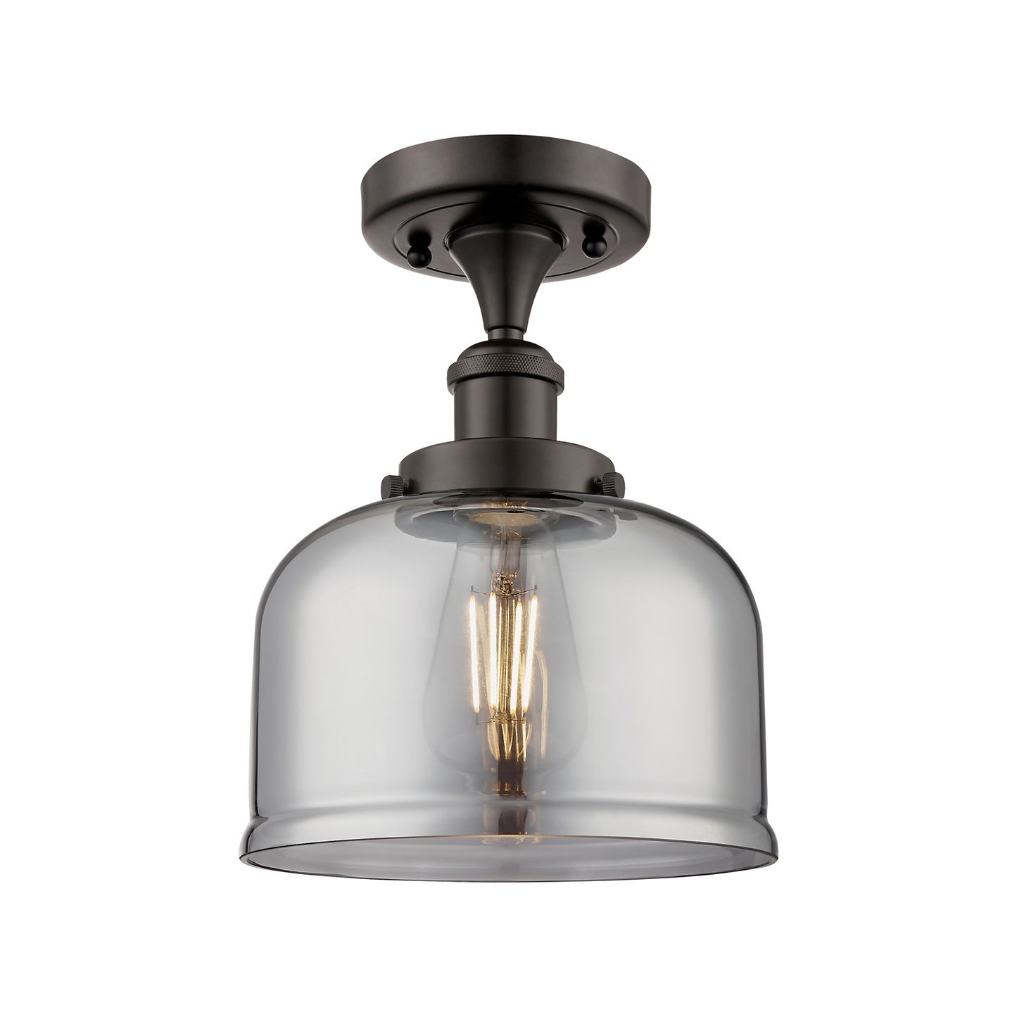 Innovations Bell 8in 1-Light Semi-Flush Mount | Industrial Oil Rubbed Bronze Steel and Light Smoke Bell Glass | Entryway & | Model 916-1C-OB-G73-LED