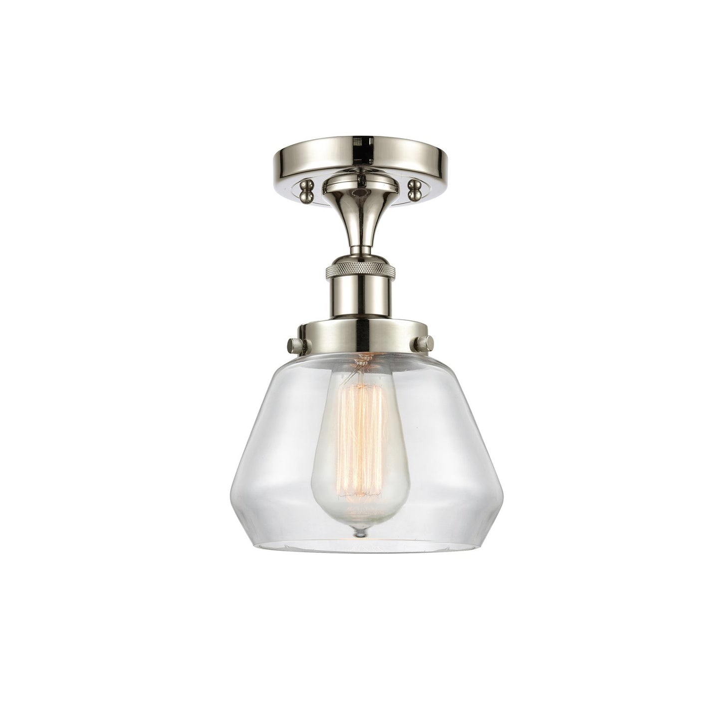 Innovations Fulton 7in 1-Light Semi-Flush Mount | Modern Contempo Polished Nickel Steel and Clear Glass Schoolhouse Shade | Hallway | Model 916-1C-PN-G172