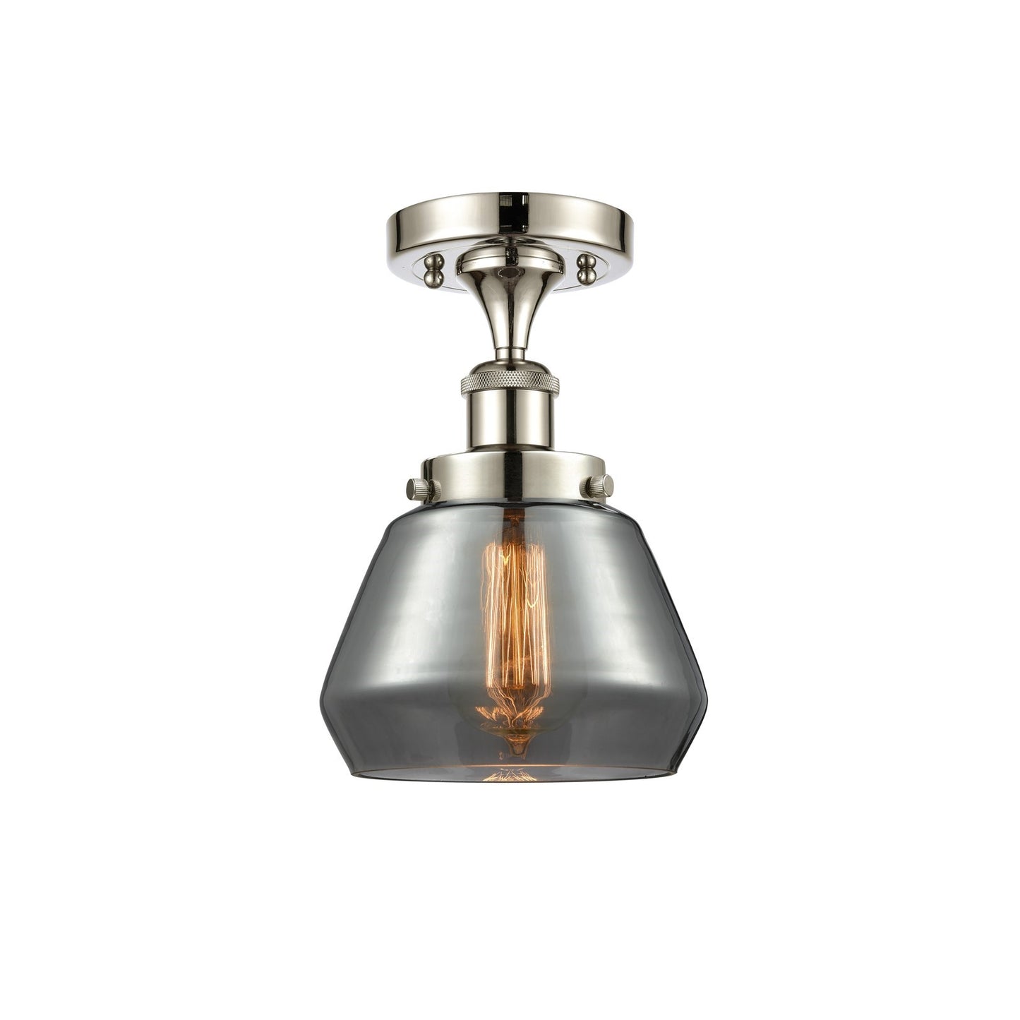 Innovations Fulton 7in 1-Light Semi-Flush Mount | Modern Contempo Polished Nickel Steel and Smoked Glass Schoolhouse Shade | Model 916-1C-PN-G173